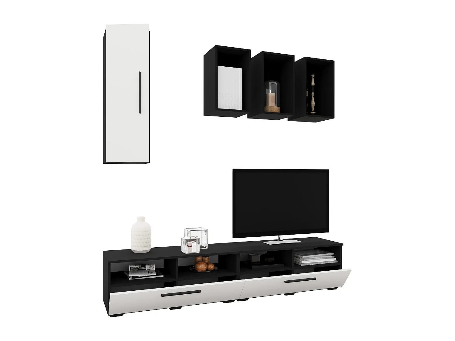 Set 6 pièces living haaus Kos V 12, meubles TV, armoires suspendues, étagères, Noir/Blanc Brillant, MDF, L 190 cm