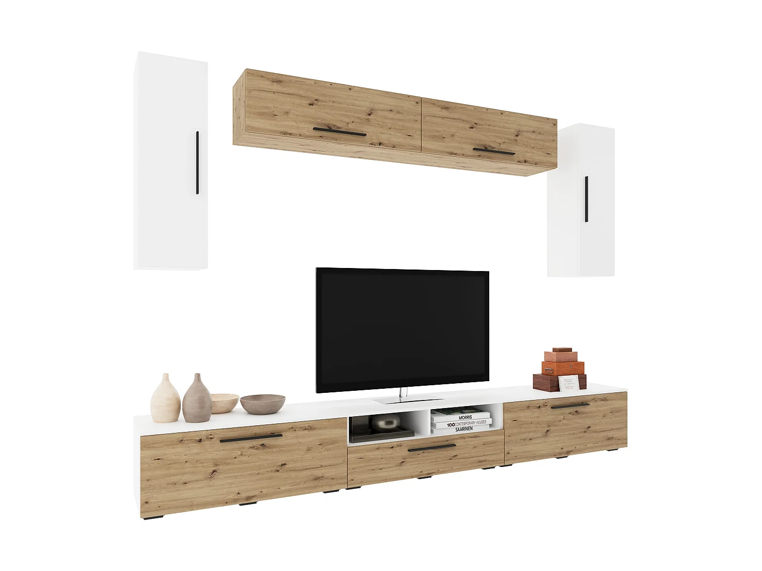 Conjunto sala haaus Kos V 6, 7 peças, móveis TV, armários suspensos, Branco/Carvalho Artisan, L 285 cm