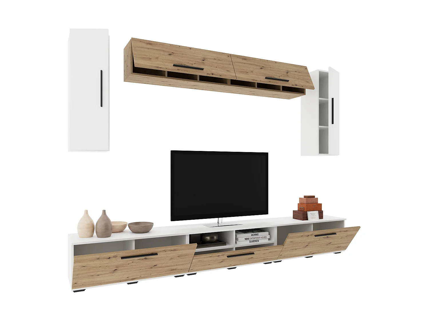 Conjunto sala haaus Kos V 6, 7 peças, móveis TV, armários suspensos, Branco/Carvalho Artisan, L 285 cm