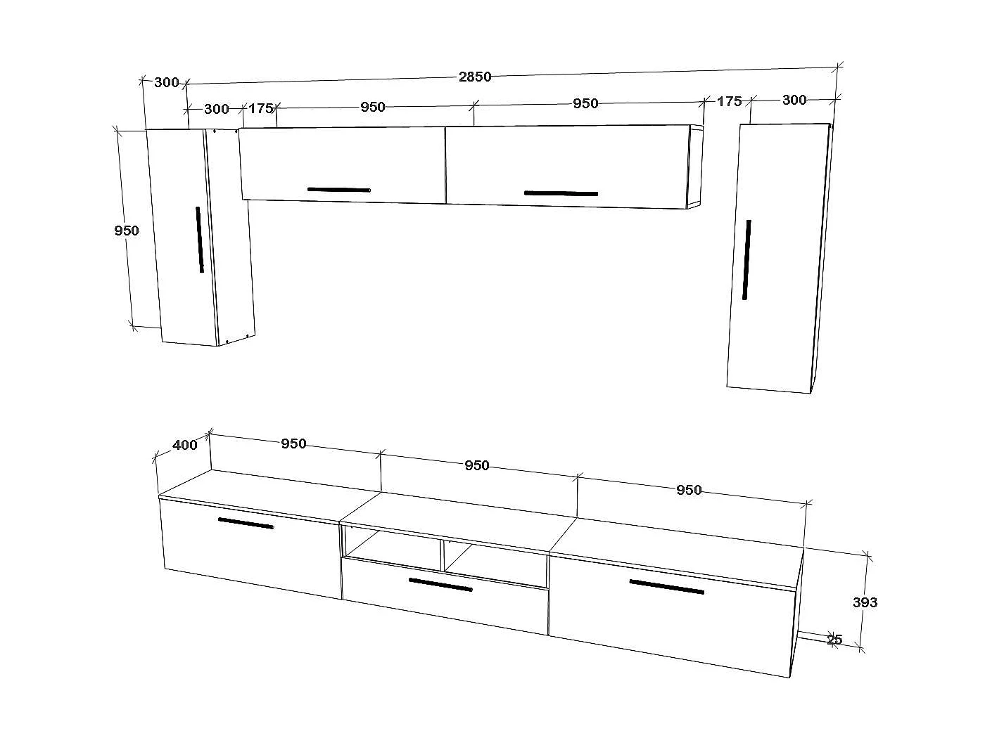 Conjunto sala haaus Kos V 6, 7 peças, móveis TV, armários suspensos, Branco/Carvalho Artisan, L 285 cm