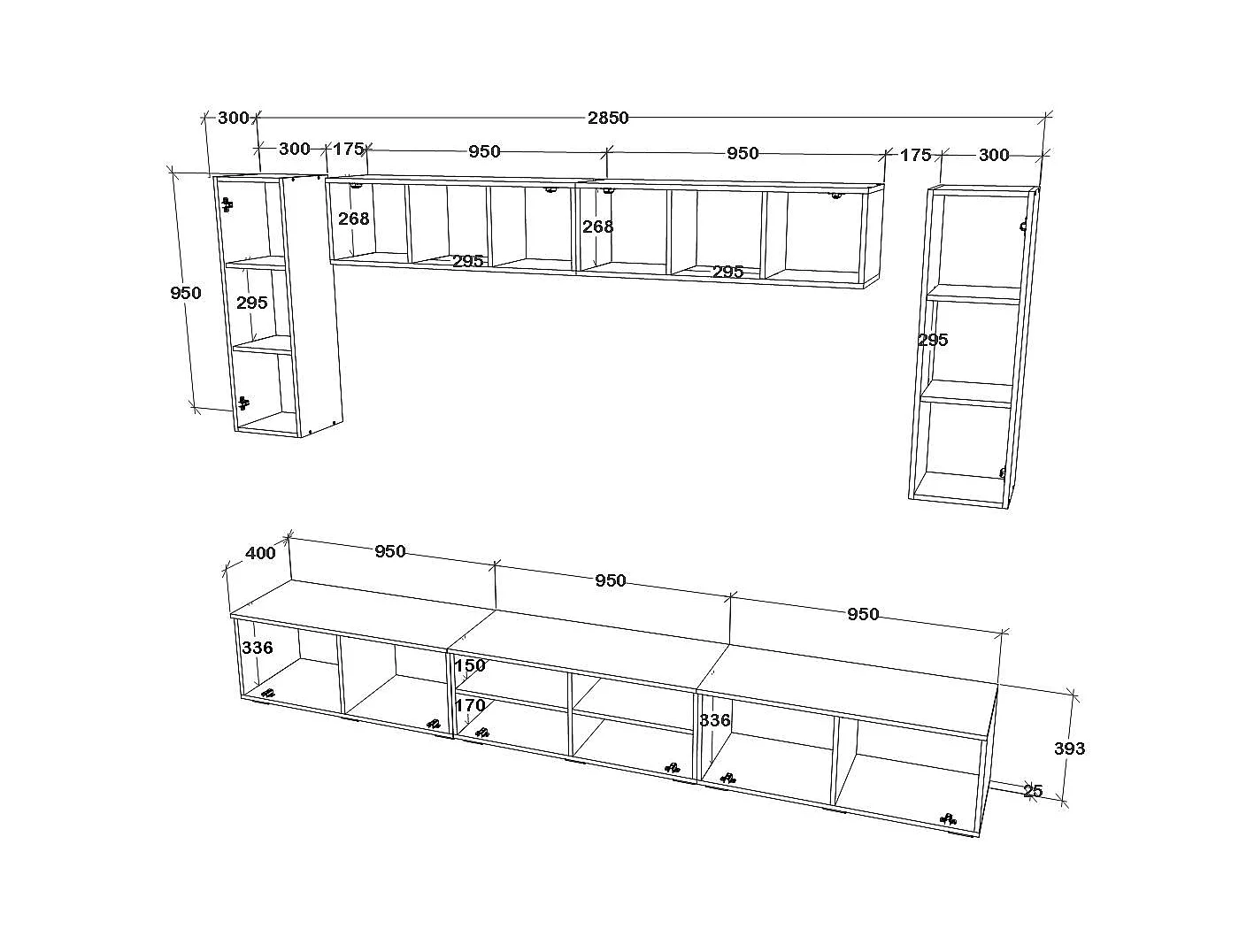 Conjunto sala haaus Kos V 6, 7 peças, móveis TV, armários suspensos, Branco/Carvalho Artisan, L 285 cm