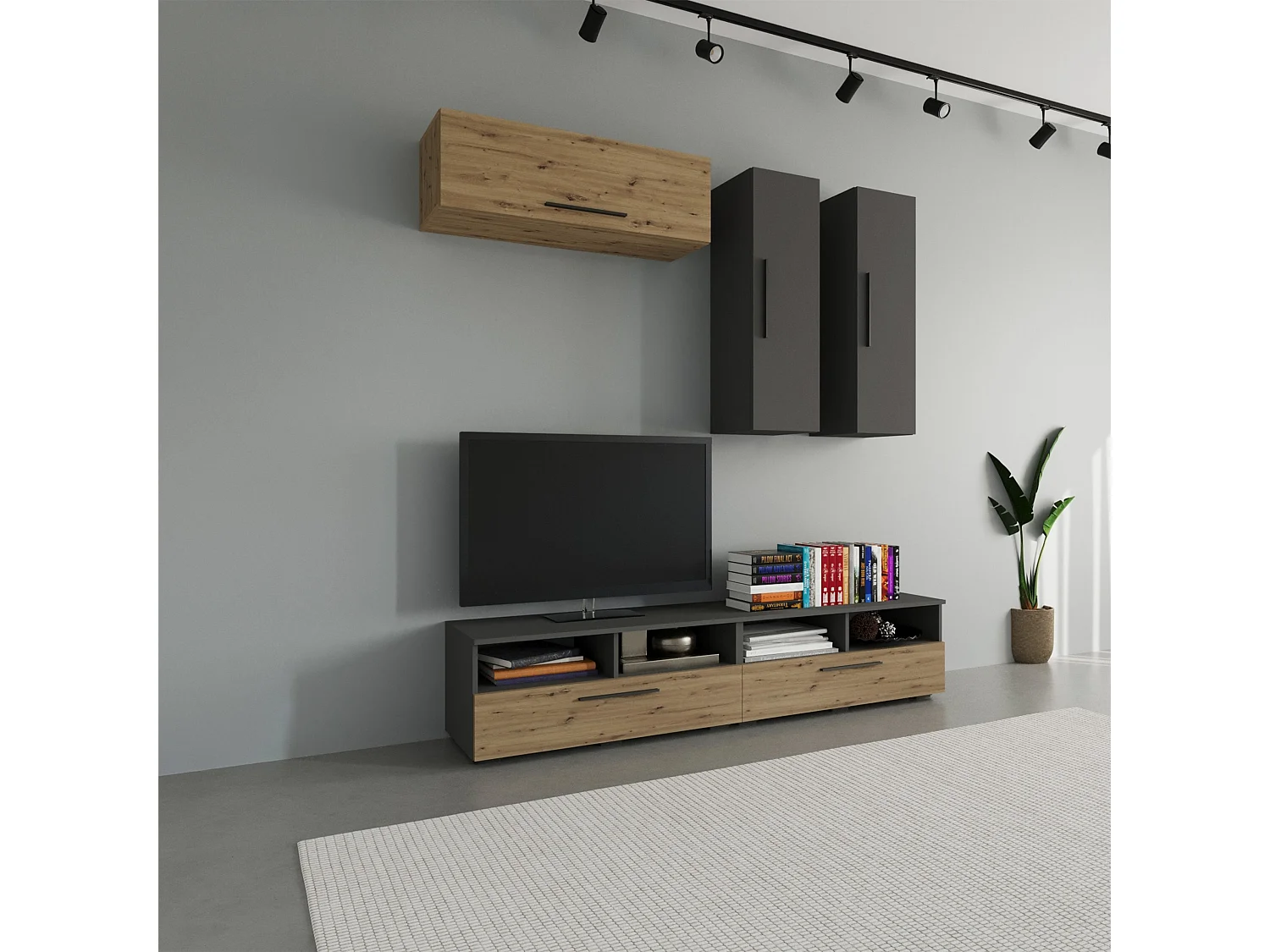 Ensemble salon haaus Kos V 10, 5 pièces, meubles TV, armoires suspendues, Anthracite/Chêne Artisan, L 190 cm