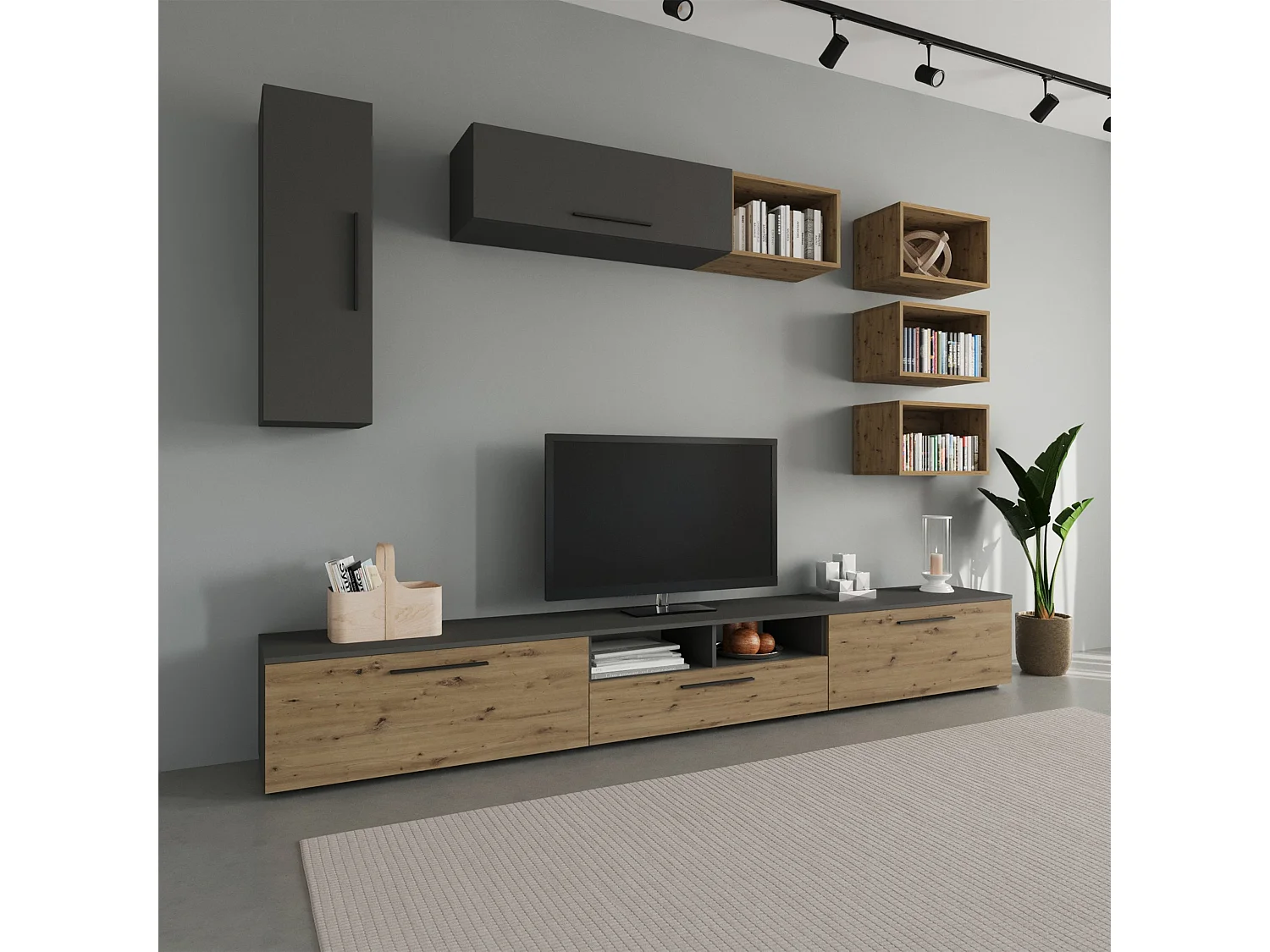 Ensemble salon haaus Kos V 5, 9 pièces, meubles TV, armoires suspendues, étagères, Anthracite/Chêne Artisan, L 285 cm