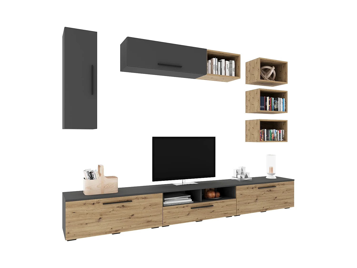 Ensemble salon haaus Kos V 5, 9 pièces, meubles TV, armoires suspendues, étagères, Anthracite/Chêne Artisan, L 285 cm
