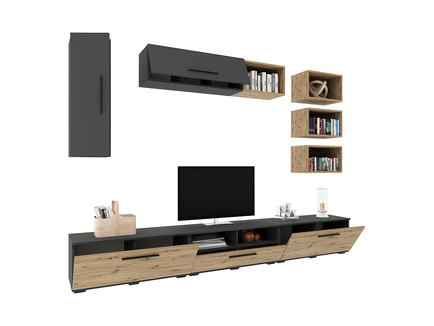 Ensemble salon haaus Kos V 5, 9 pièces, meubles TV, armoires suspendues, étagères, Anthracite/Chêne Artisan, L 285 cm
