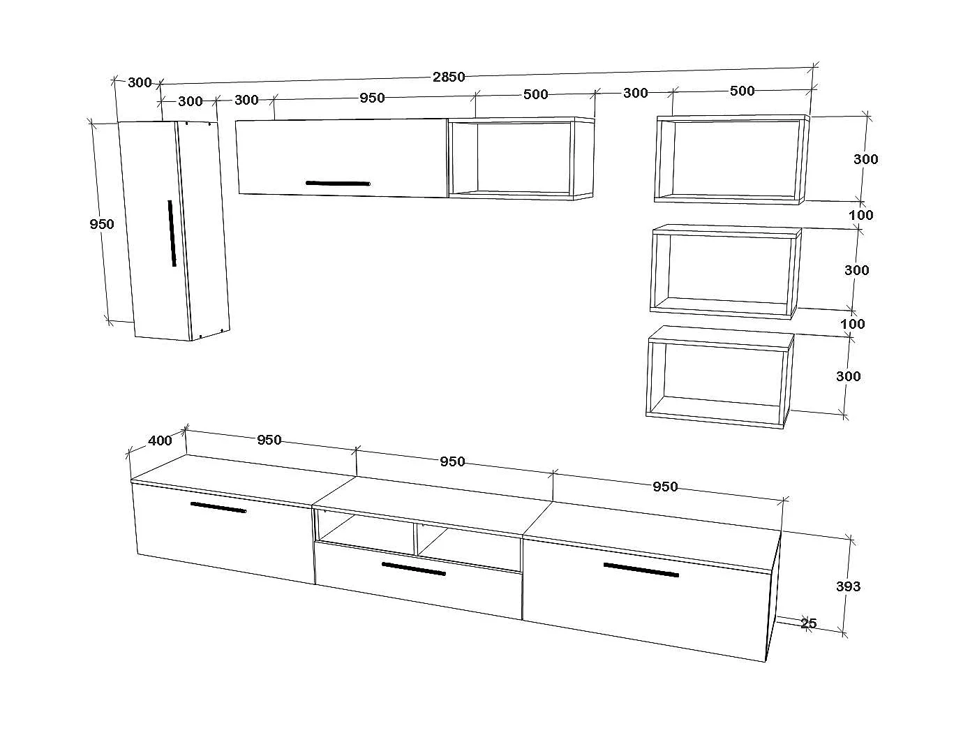 Ensemble salon haaus Kos V 5, 9 pièces, meubles TV, armoires suspendues, étagères, Anthracite/Chêne Artisan, L 285 cm