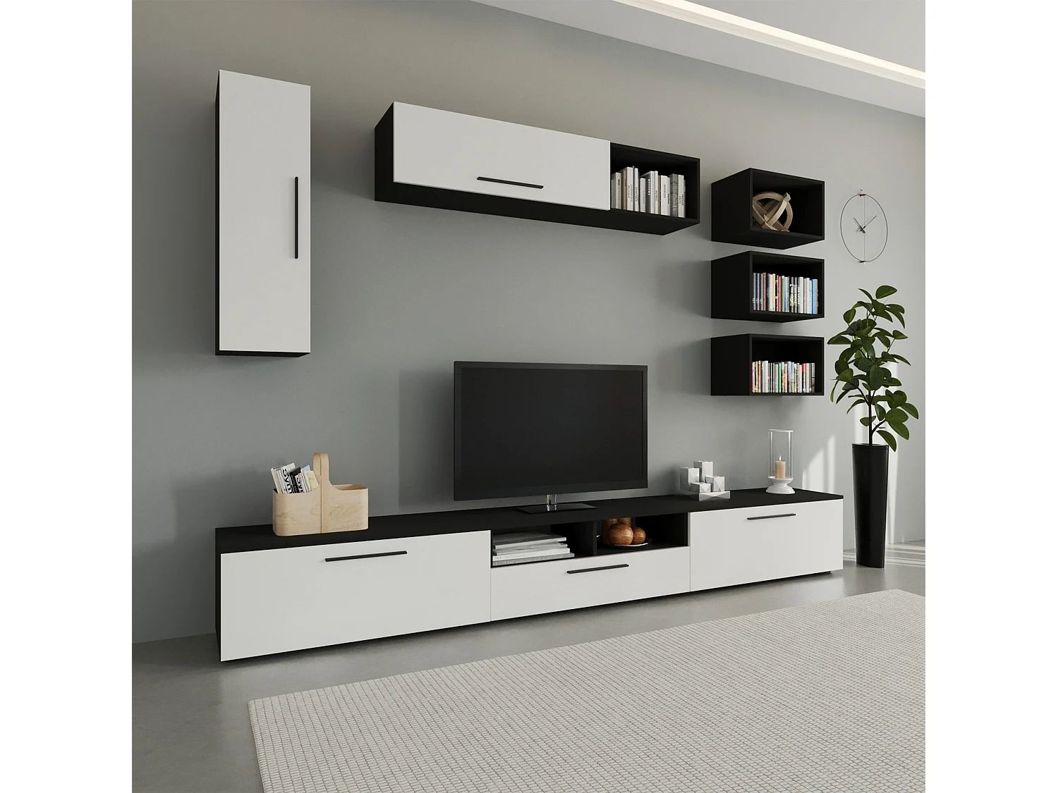 Set 9 pièces living haaus Kos V 5, meubles TV, armoires suspendues, étagères, Noir/Blanc Brillant, MDF, L 285 cm