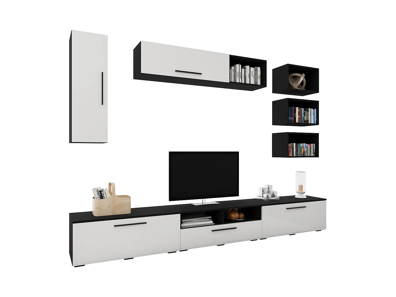 Set 9 pièces living haaus Kos V 5, meubles TV, armoires suspendues, étagères, Noir/Blanc Brillant, MDF, L 285 cm