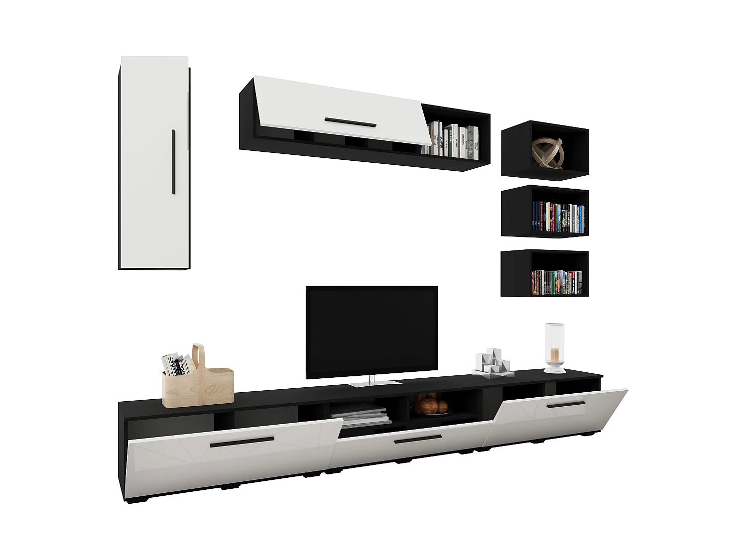 Set 9 pièces living haaus Kos V 5, meubles TV, armoires suspendues, étagères, Noir/Blanc Brillant, MDF, L 285 cm