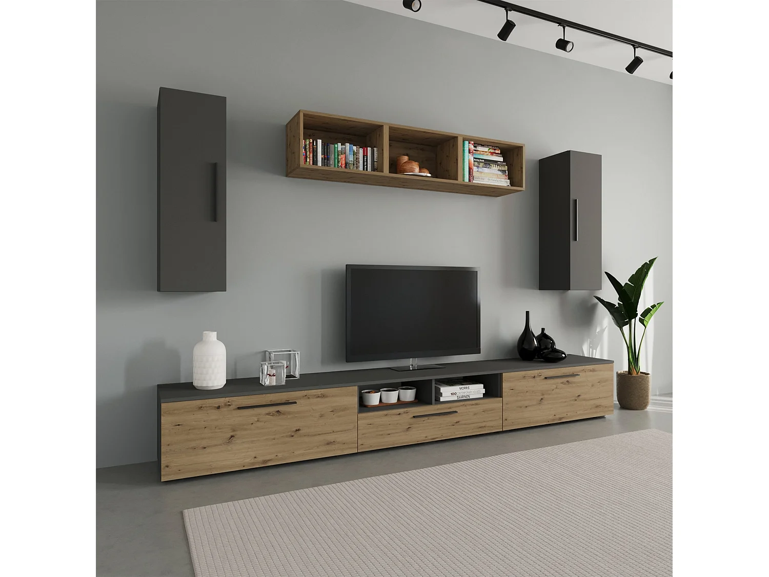 Ensemble salon haaus Kos V 2, 8 pièces, meubles TV, armoires suspendues, étagères, Anthracite/Chêne Artisan, L 285 cm