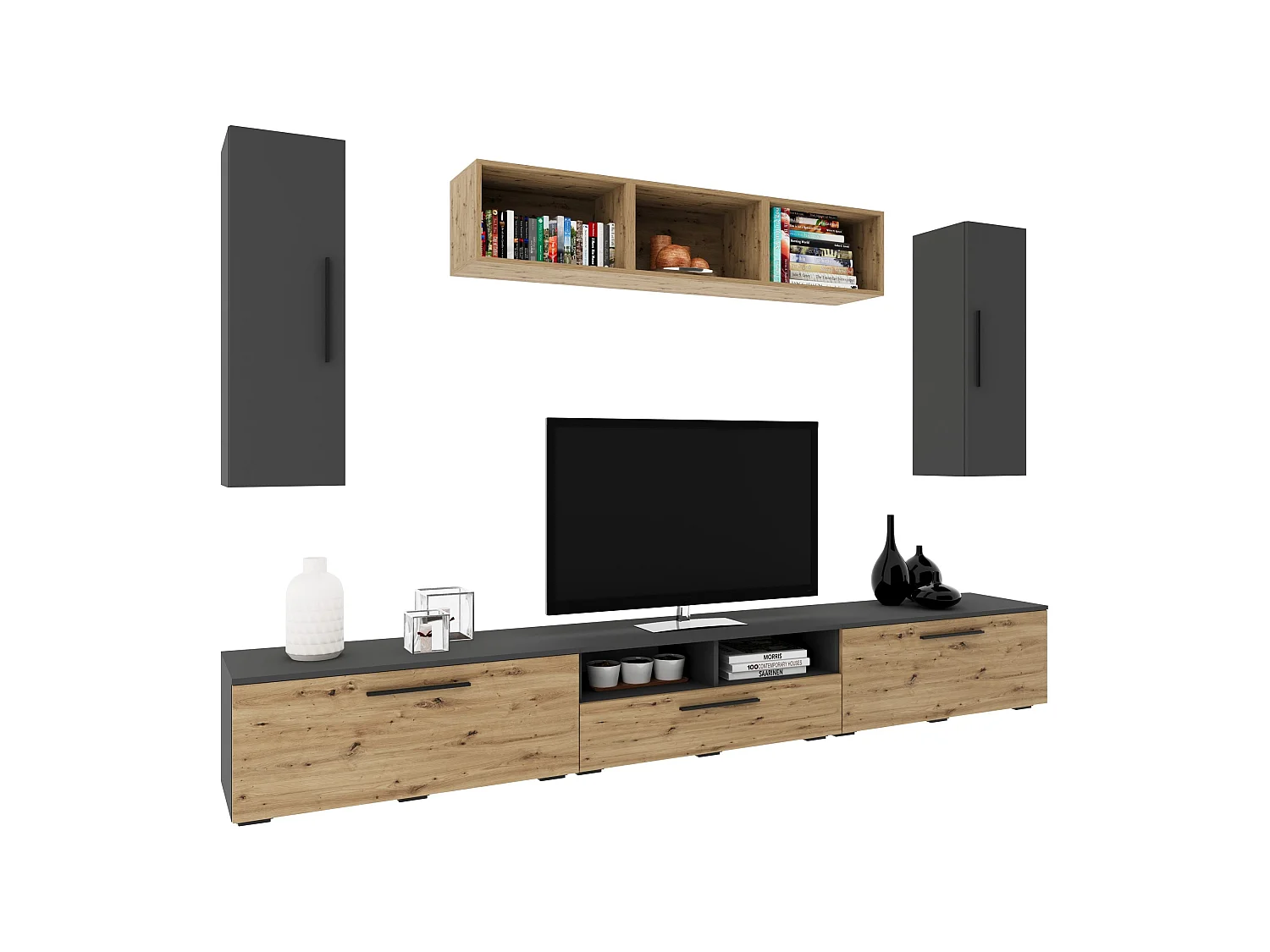 Ensemble salon haaus Kos V 2, 8 pièces, meubles TV, armoires suspendues, étagères, Anthracite/Chêne Artisan, L 285 cm