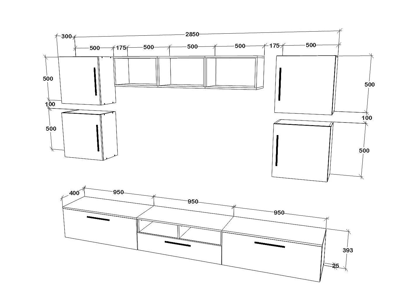 Ensemble salon haaus Kos V 2, 8 pièces, meubles TV, armoires suspendues, étagères, Anthracite/Chêne Artisan, L 285 cm