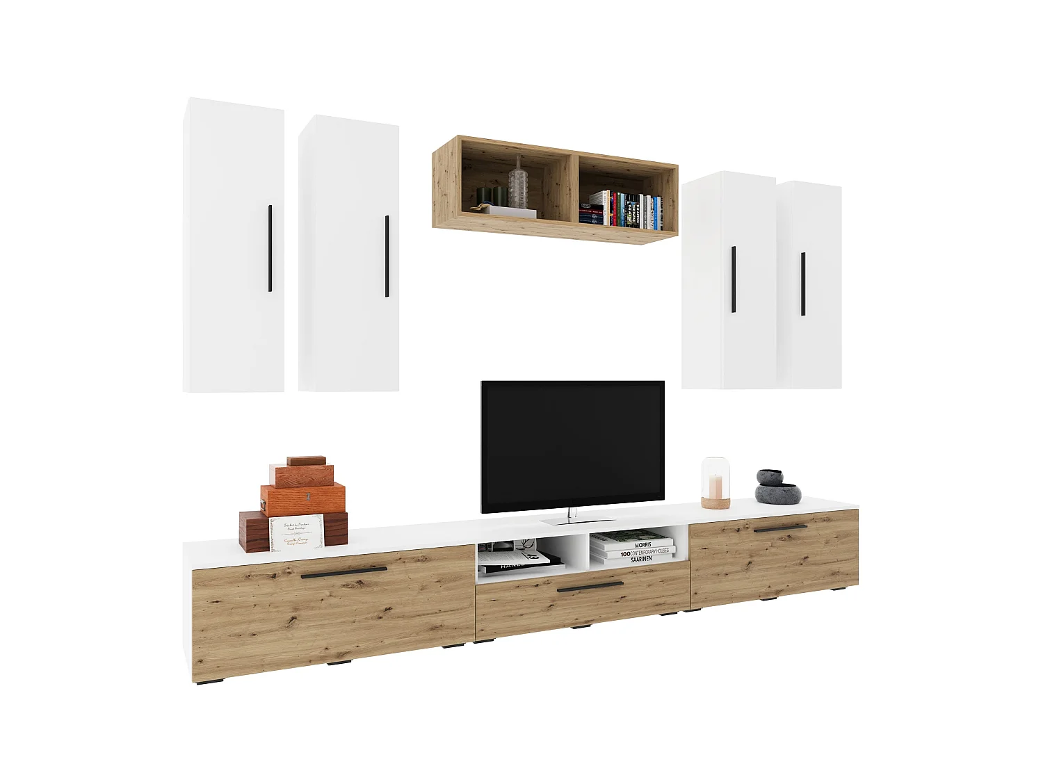 Conjunto sala haaus Kos V 4, 9 peças, móveis TV, armários suspensos, prateleiras, Branco/Carvalho Artisan, L 285 cm