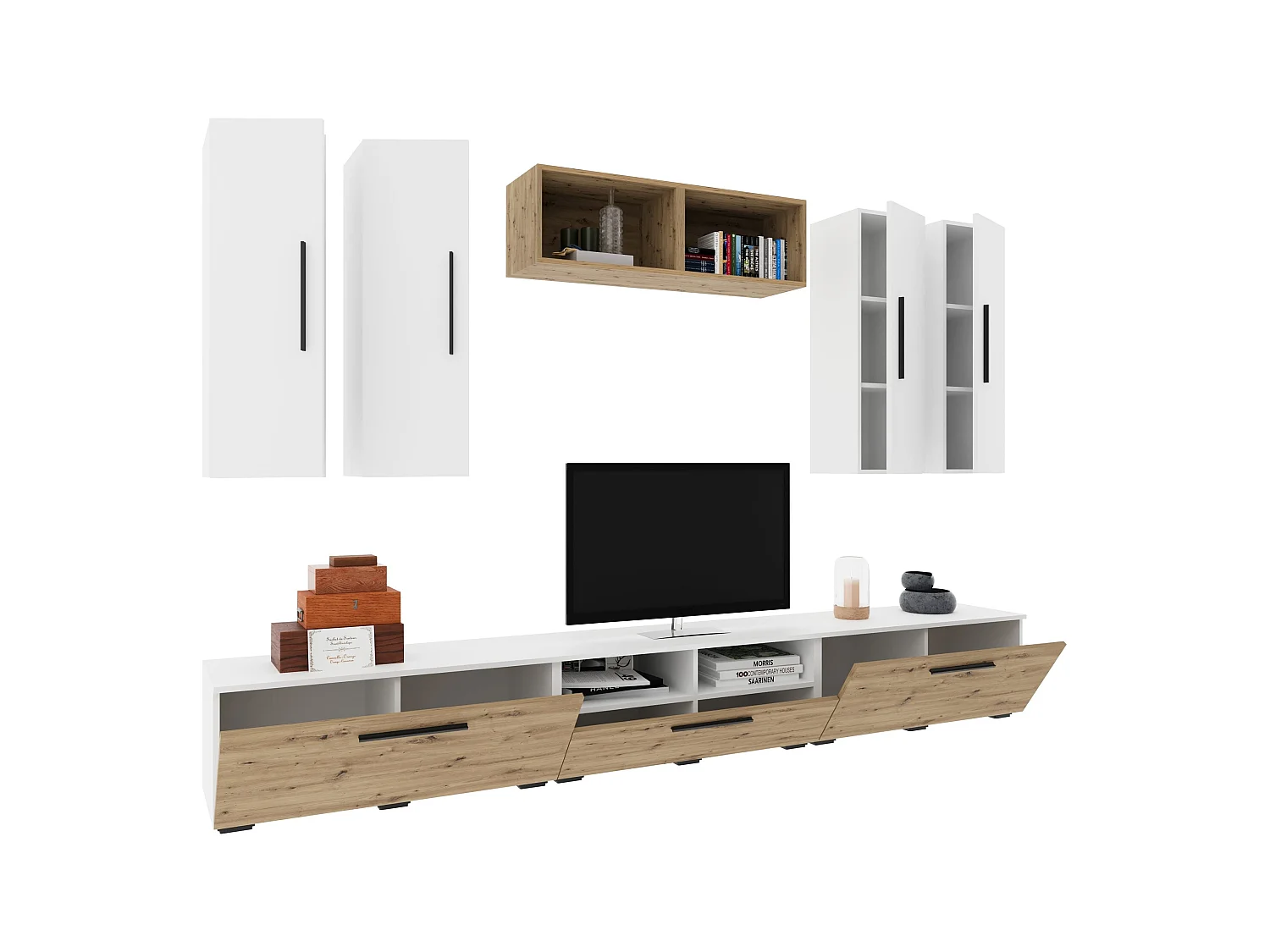 Conjunto sala haaus Kos V 4, 9 peças, móveis TV, armários suspensos, prateleiras, Branco/Carvalho Artisan, L 285 cm