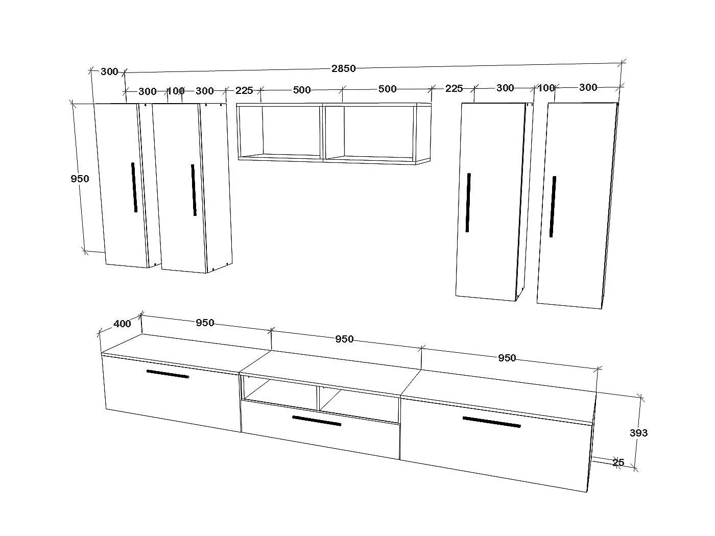 Conjunto sala haaus Kos V 4, 9 peças, móveis TV, armários suspensos, prateleiras, Branco/Carvalho Artisan, L 285 cm
