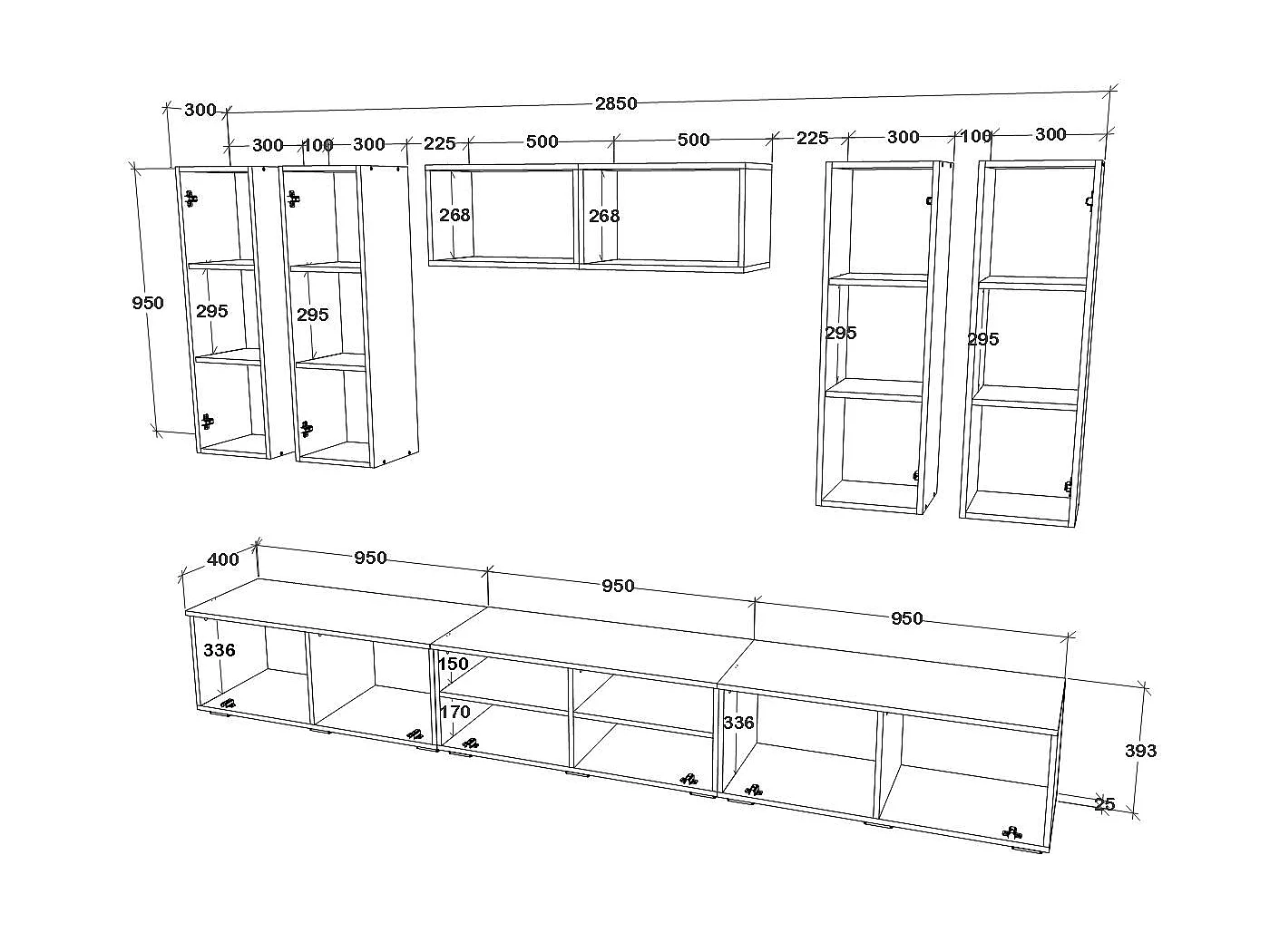 Conjunto sala haaus Kos V 4, 9 peças, móveis TV, armários suspensos, prateleiras, Branco/Carvalho Artisan, L 285 cm