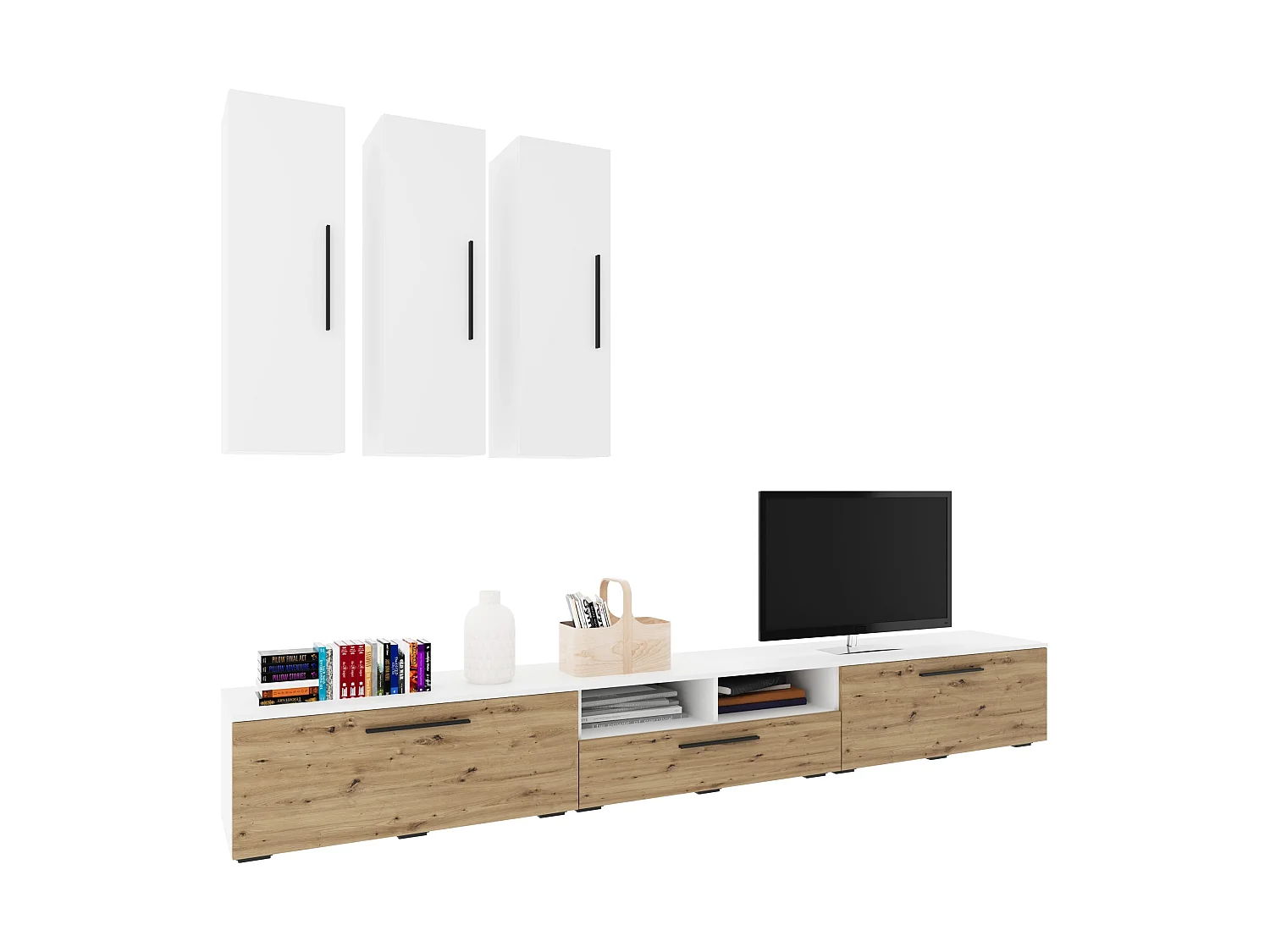 Conjunto sala haaus Kos V 7, 6 peças, móveis TV, armários suspensos, Branco/Carvalho Artisan, L 285 cm