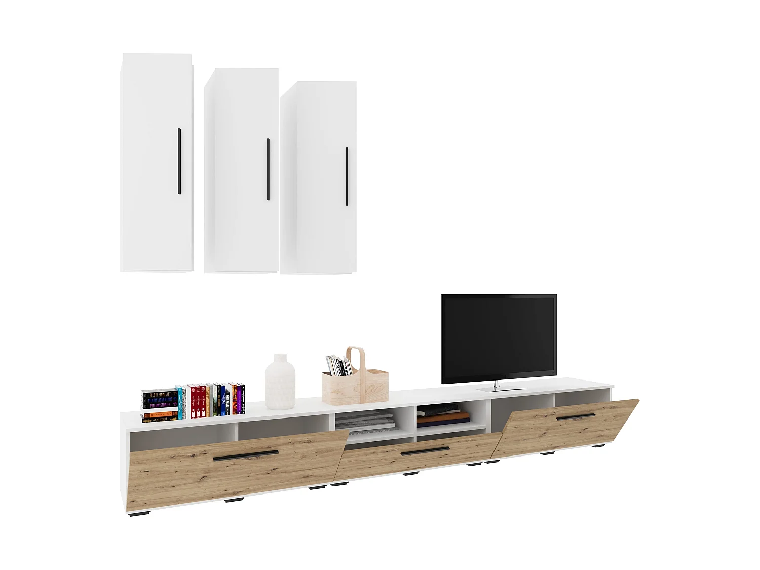 Conjunto sala haaus Kos V 7, 6 peças, móveis TV, armários suspensos, Branco/Carvalho Artisan, L 285 cm