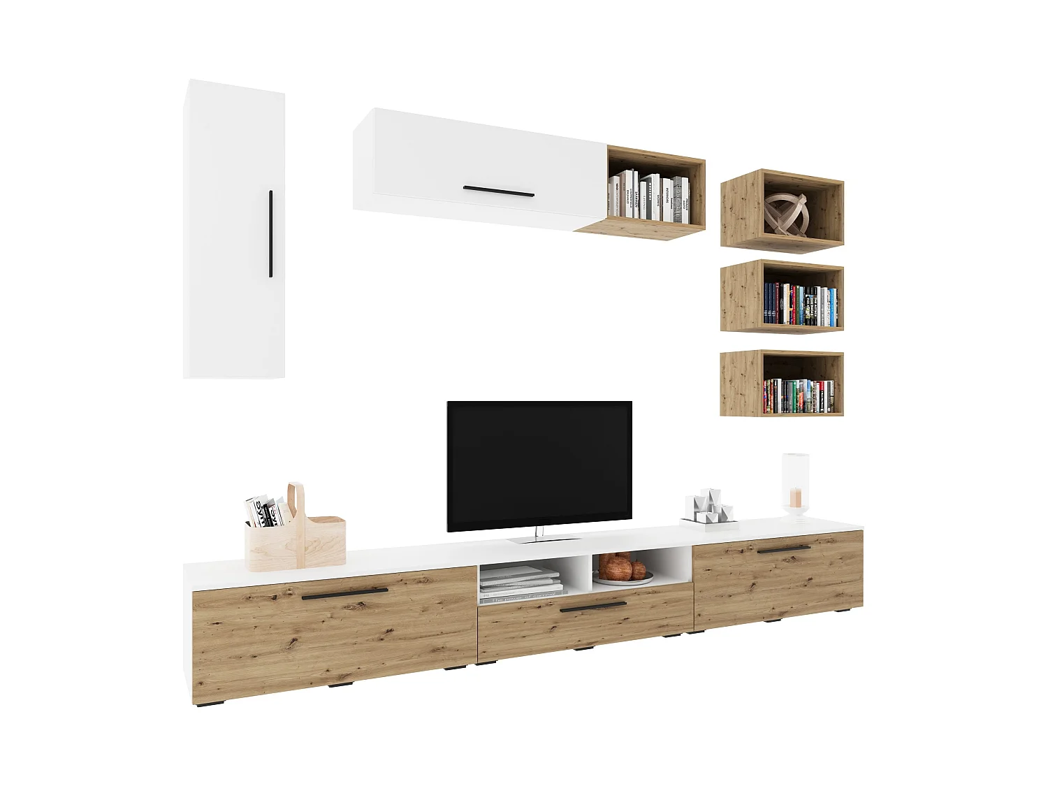 Conjunto sala haaus Kos V 5, 9 peças, móveis TV, armários suspensos, prateleiras, Branco/Carvalho Artisan, L 285 cm