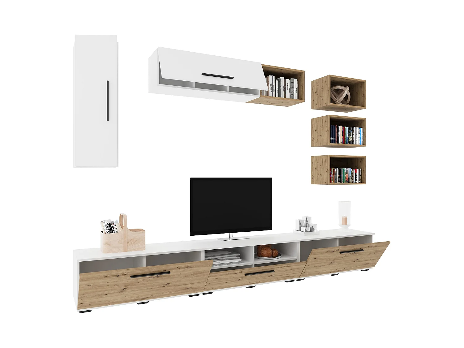 Conjunto sala haaus Kos V 5, 9 peças, móveis TV, armários suspensos, prateleiras, Branco/Carvalho Artisan, L 285 cm