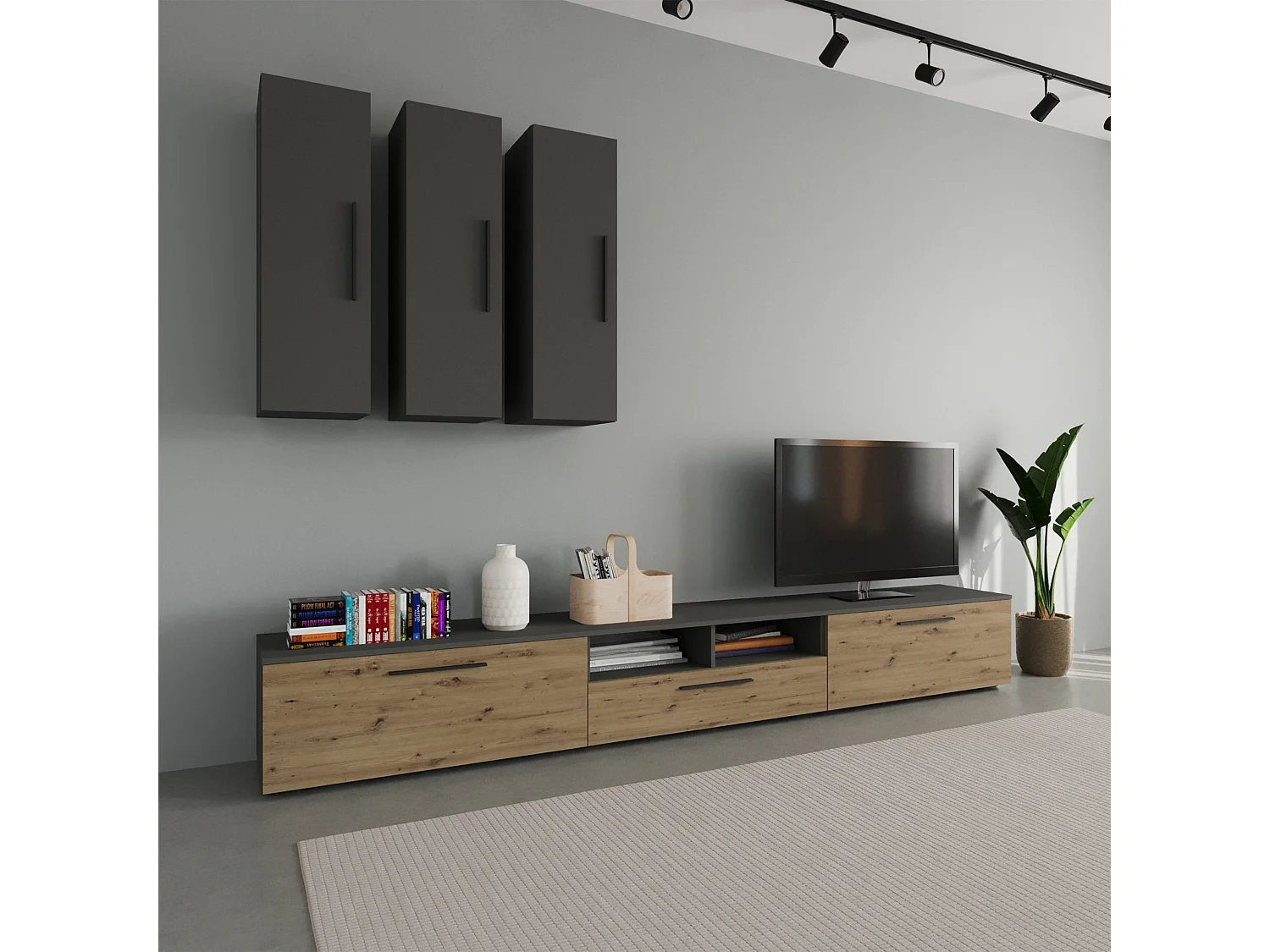 Ensemble salon haaus Kos V 7, 6 pièces, meubles TV, armoires suspendues, Anthracite/Chêne Artisan, L 285 cm