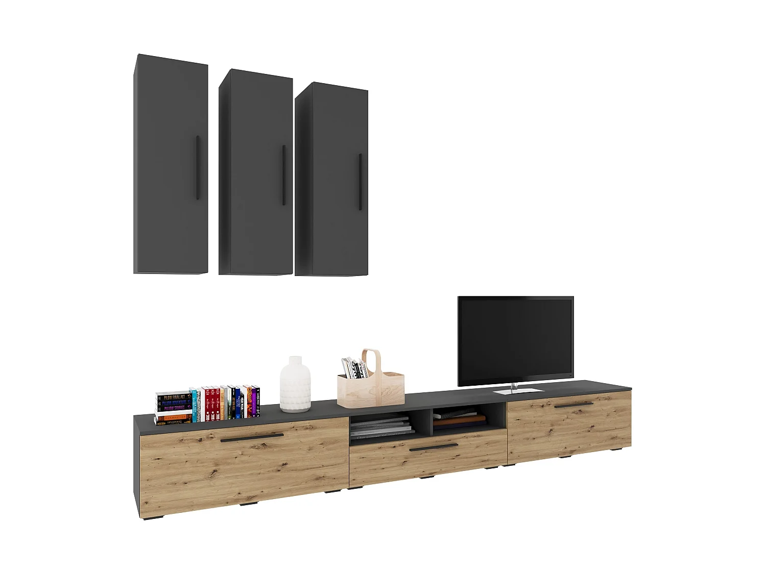 Ensemble salon haaus Kos V 7, 6 pièces, meubles TV, armoires suspendues, Anthracite/Chêne Artisan, L 285 cm