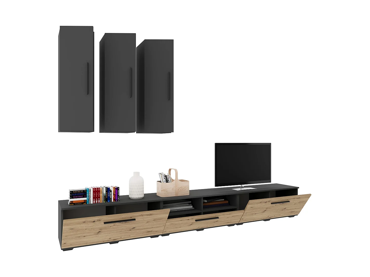 Ensemble salon haaus Kos V 7, 6 pièces, meubles TV, armoires suspendues, Anthracite/Chêne Artisan, L 285 cm