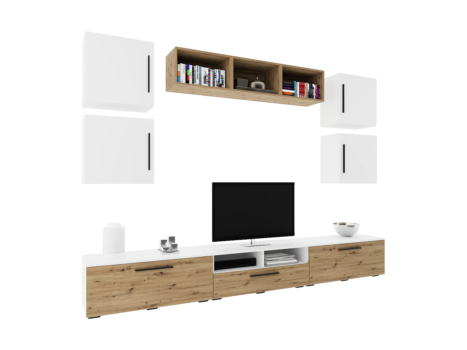 Conjunto sala haaus Kos V 3, 10 peças, móveis TV, prateleiras, prateleiras com portas, Branco/Carvalho Artisan, L 285 cm