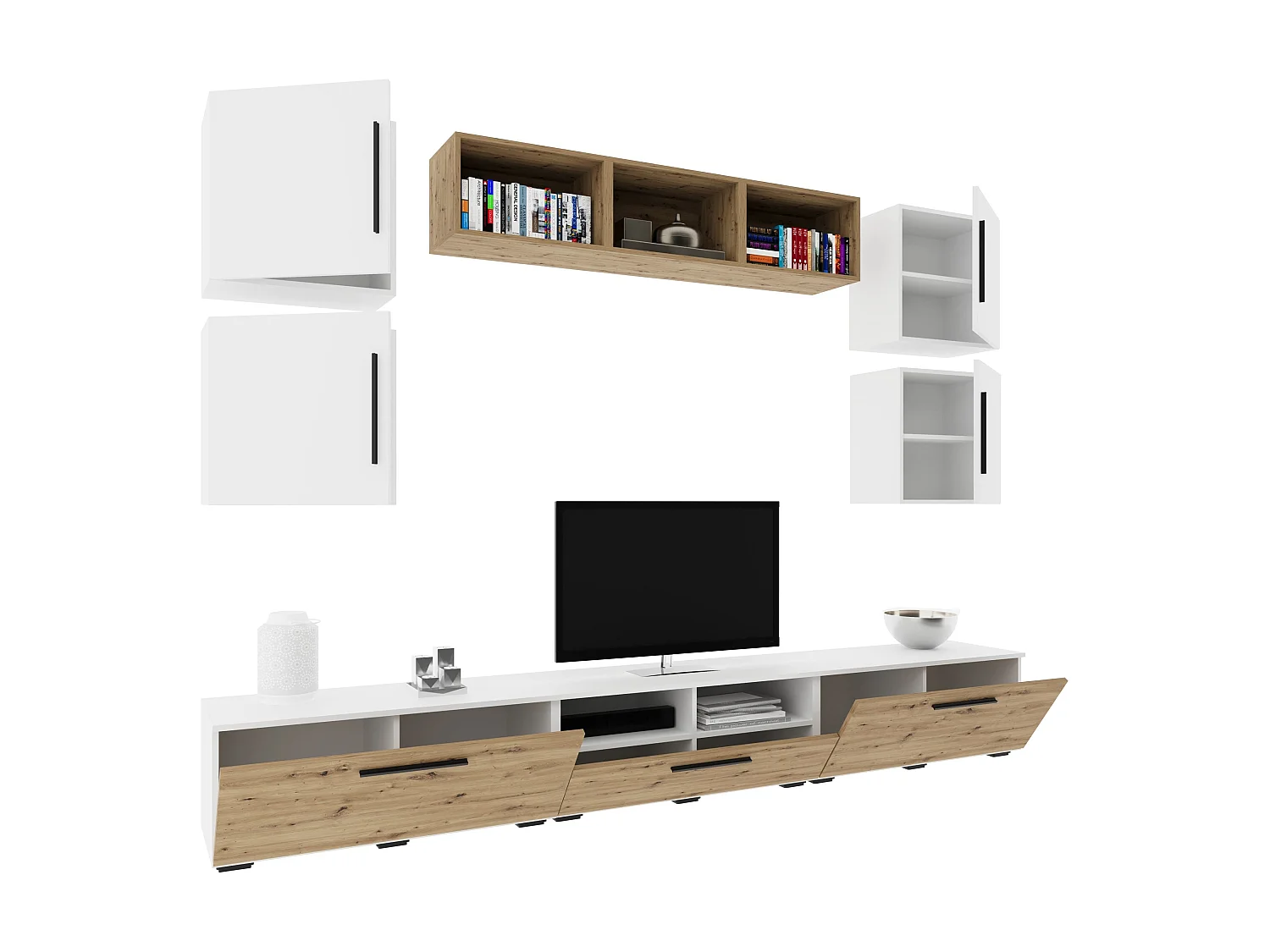 Conjunto sala haaus Kos V 3, 10 peças, móveis TV, prateleiras, prateleiras com portas, Branco/Carvalho Artisan, L 285 cm