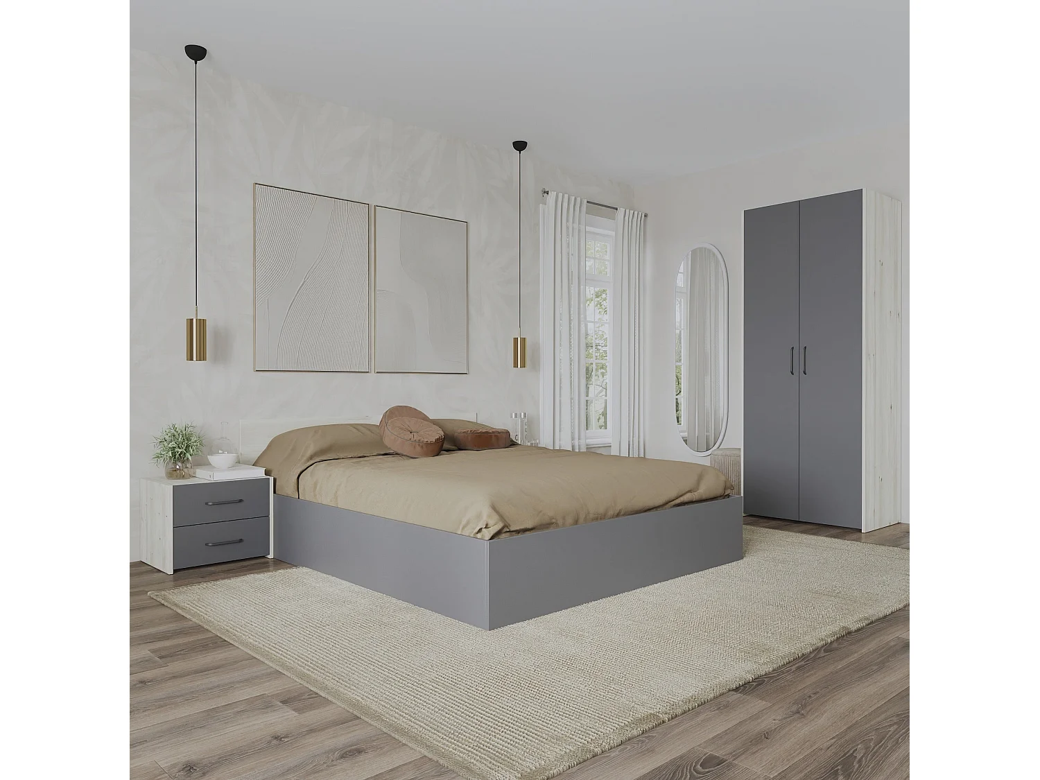 Set camera da letto haaus Malmo V16, Letto 200 x 140 cm, Rovere Bianco/Antracite