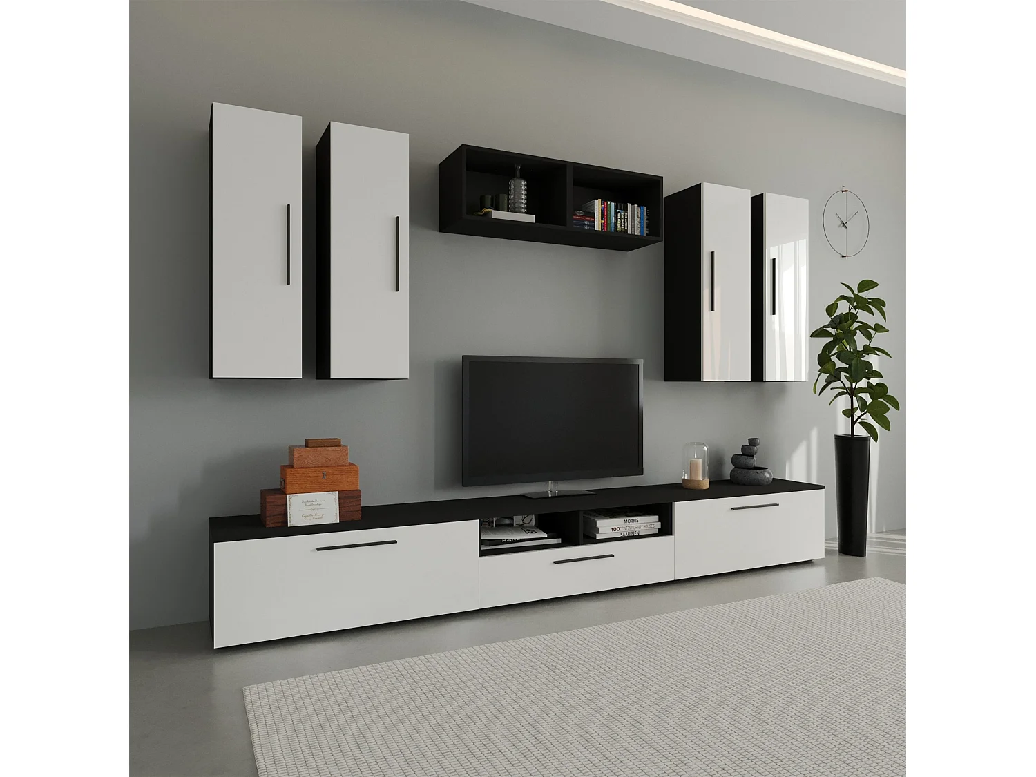 Set 9 pièces living haaus Kos V 4, meubles TV, armoires suspendues, étagères, Noir/Blanc Brillant, MDF, L 285 cm