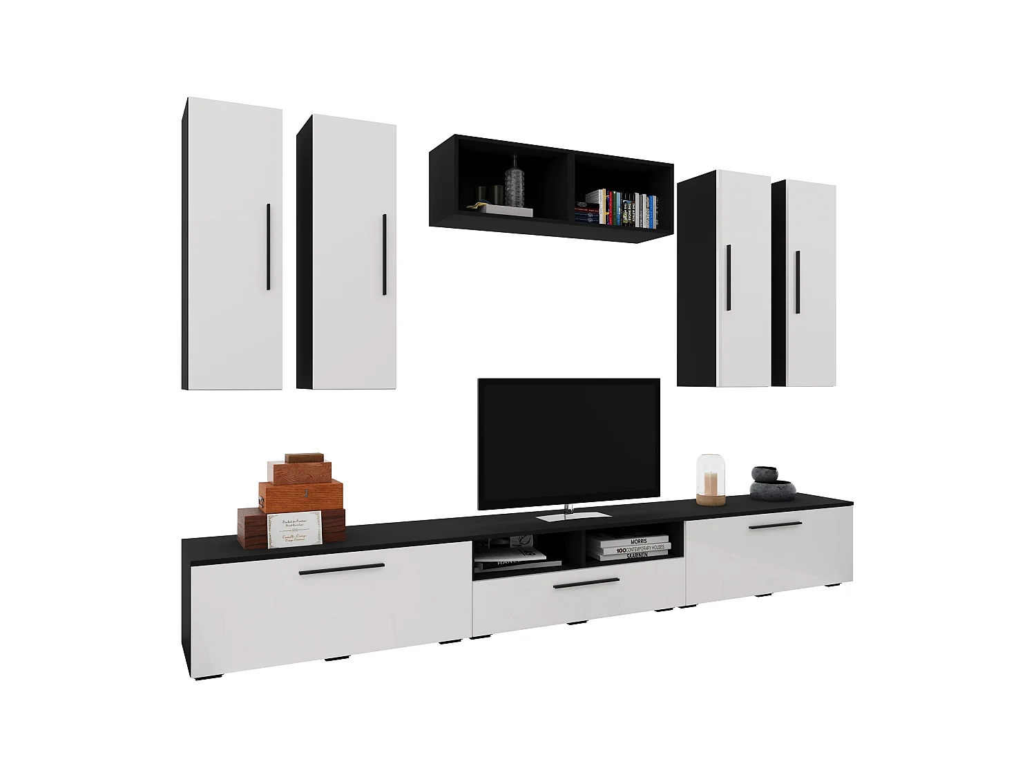 Set 9 pièces living haaus Kos V 4, meubles TV, armoires suspendues, étagères, Noir/Blanc Brillant, MDF, L 285 cm
