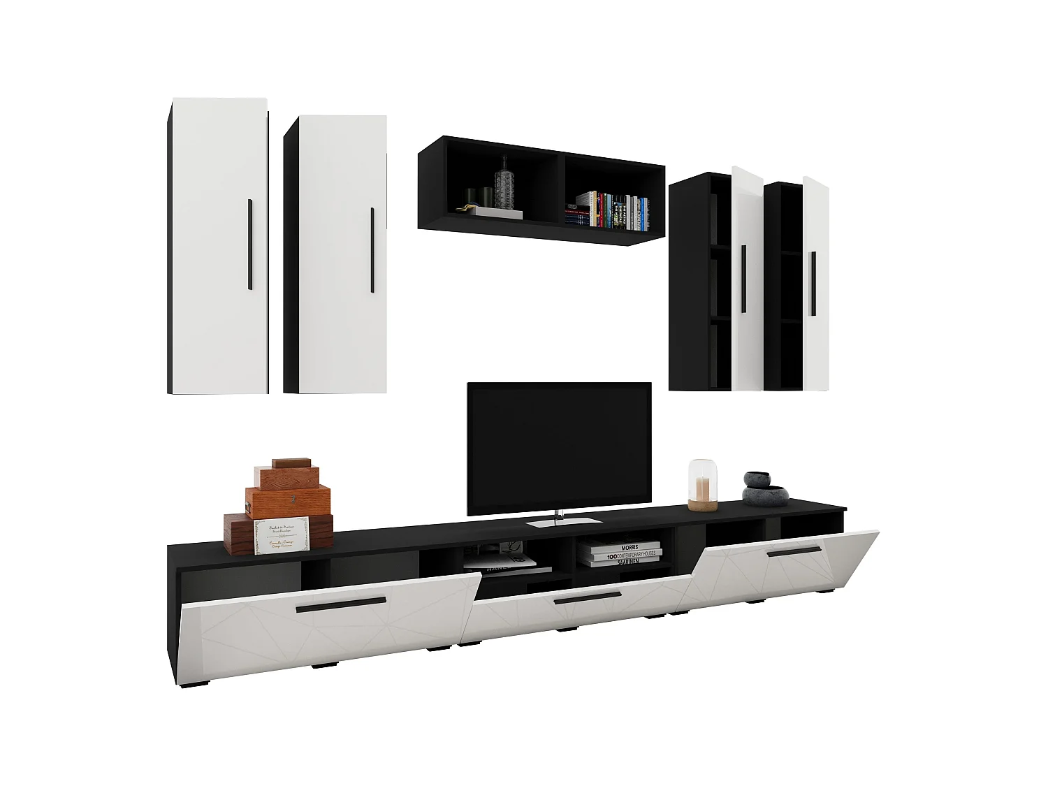 Set 9 pièces living haaus Kos V 4, meubles TV, armoires suspendues, étagères, Noir/Blanc Brillant, MDF, L 285 cm