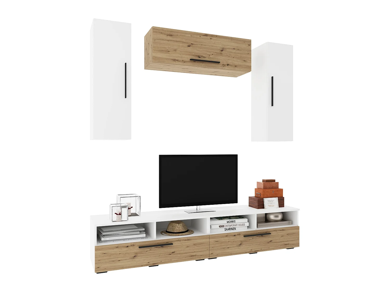 Conjunto sala haaus Kos V 18, 5 peças, móveis TV, armários suspensos, Branco/Carvalho Artisan, L 190 cm