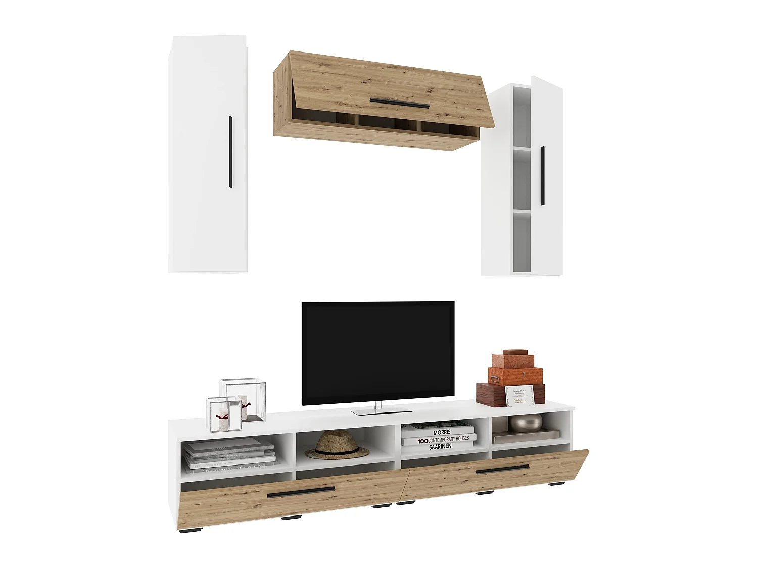 Conjunto sala haaus Kos V 18, 5 peças, móveis TV, armários suspensos, Branco/Carvalho Artisan, L 190 cm