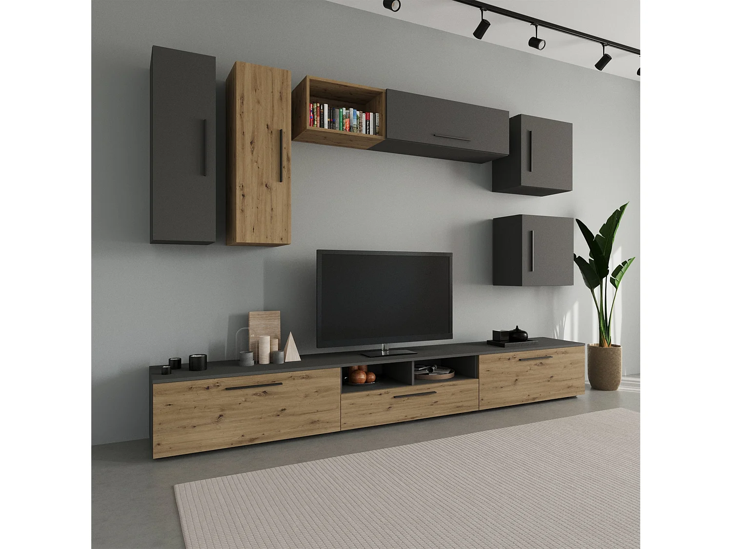 Ensemble salon haaus Kos V 1, 9 pièces, meubles TV, armoires suspendues, étagères, étagères avec portes, Anthracite/Chêne Artisan, L 285 cm