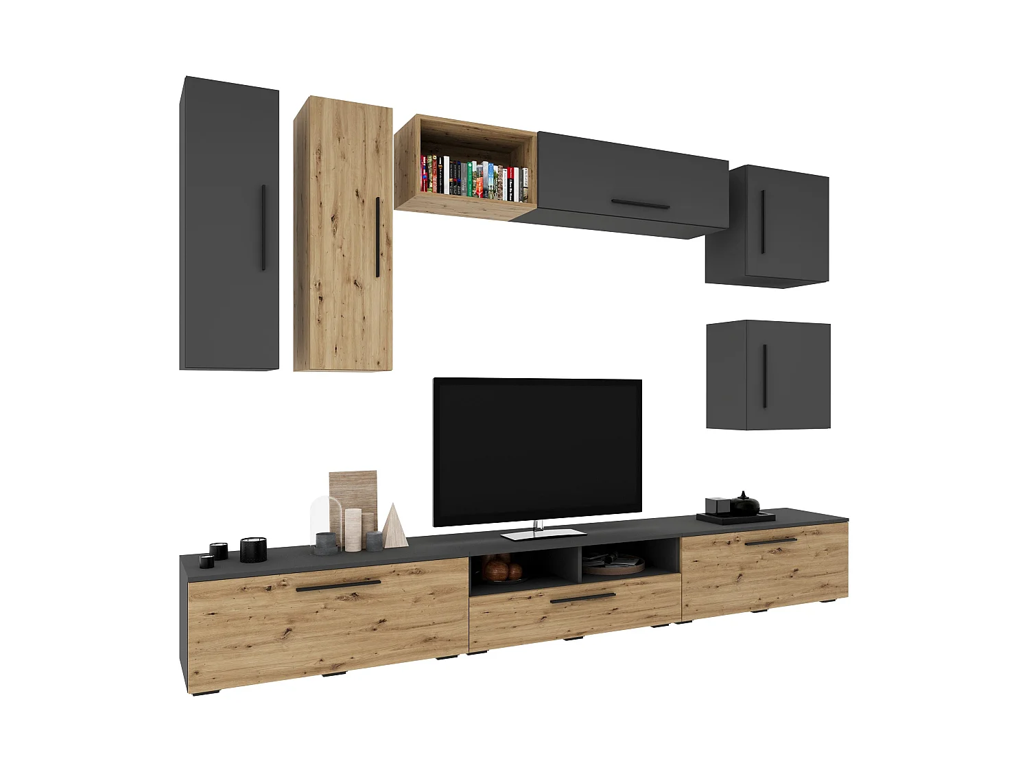 Ensemble salon haaus Kos V 1, 9 pièces, meubles TV, armoires suspendues, étagères, étagères avec portes, Anthracite/Chêne Artisan, L 285 cm