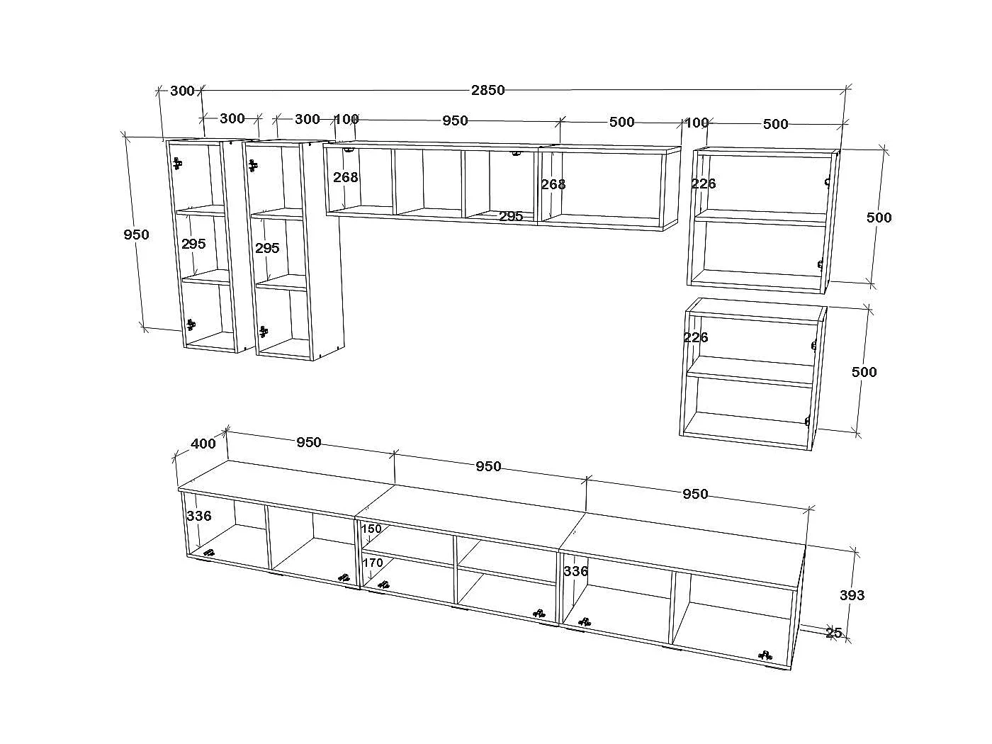 Ensemble salon haaus Kos V 1, 9 pièces, meubles TV, armoires suspendues, étagères, étagères avec portes, Anthracite/Chêne Artisan, L 285 cm