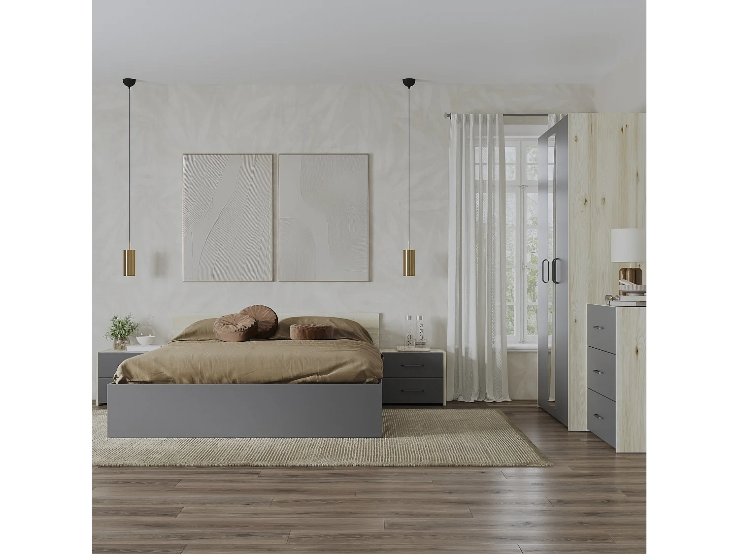 Set camera da letto haaus Malmo V4, Letto 200 x 140 cm, Rovere Bianco/Antracite
