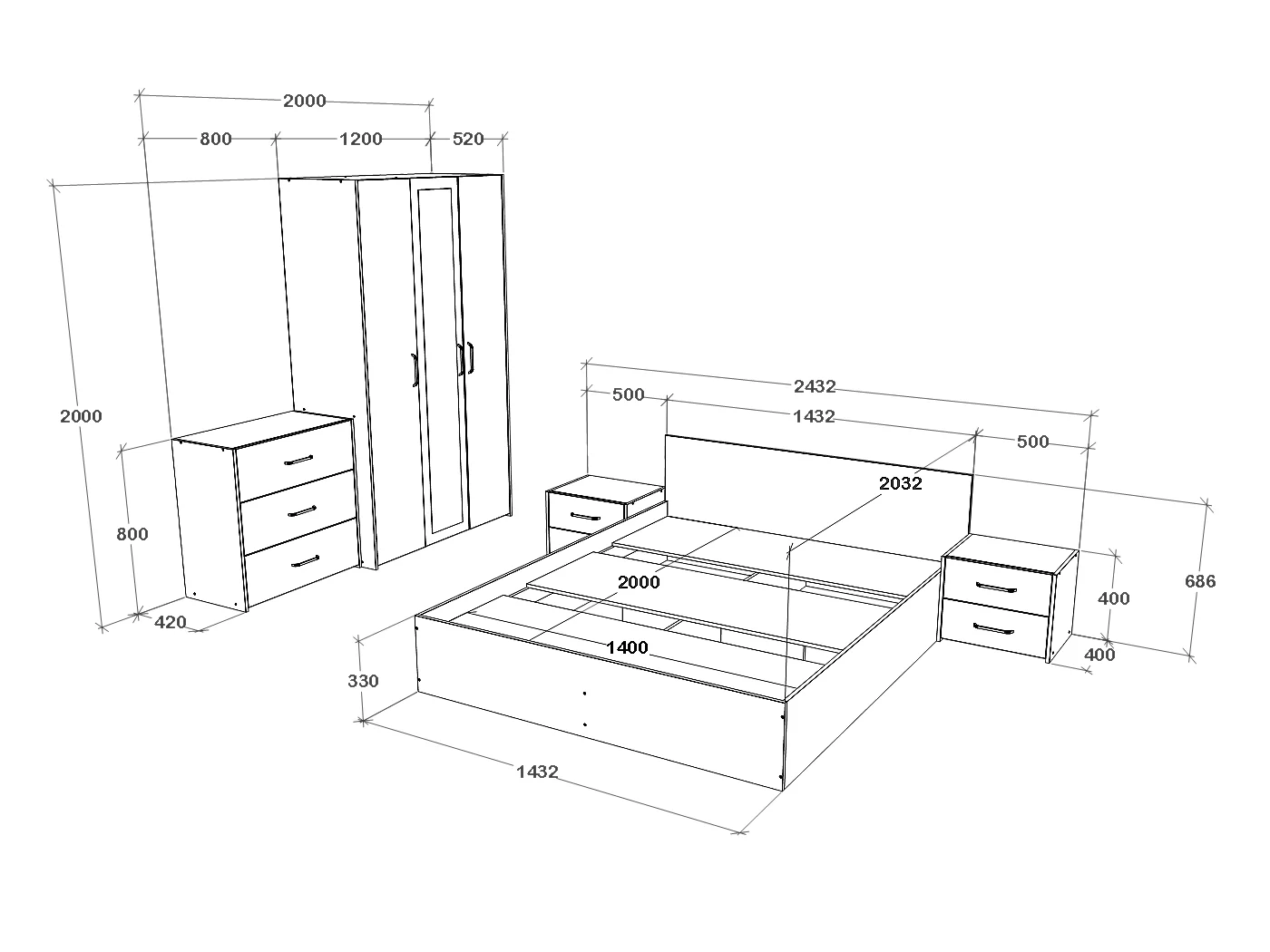 Set camera da letto haaus Malmo V4, Letto 200 x 140 cm, Rovere Bianco/Antracite
