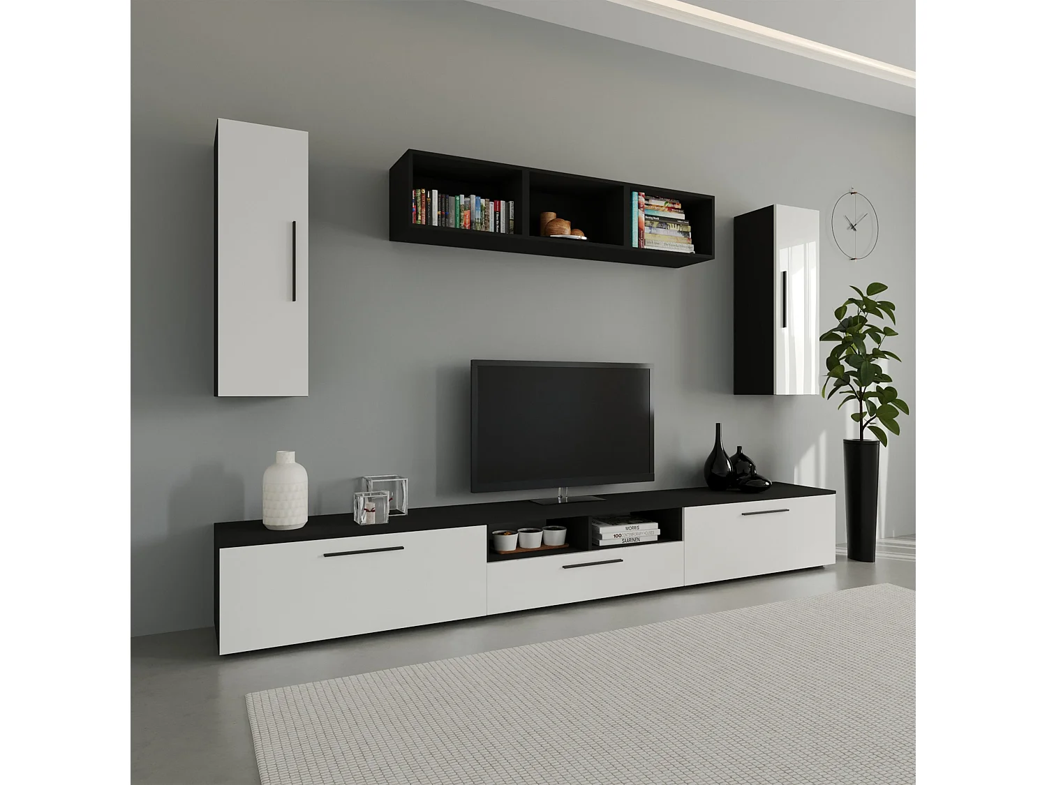 Set 8 pièces living haaus Kos V 2, meubles TV, armoires suspendues, étagères, Noir/Blanc Brillant, MDF, L 285 cm