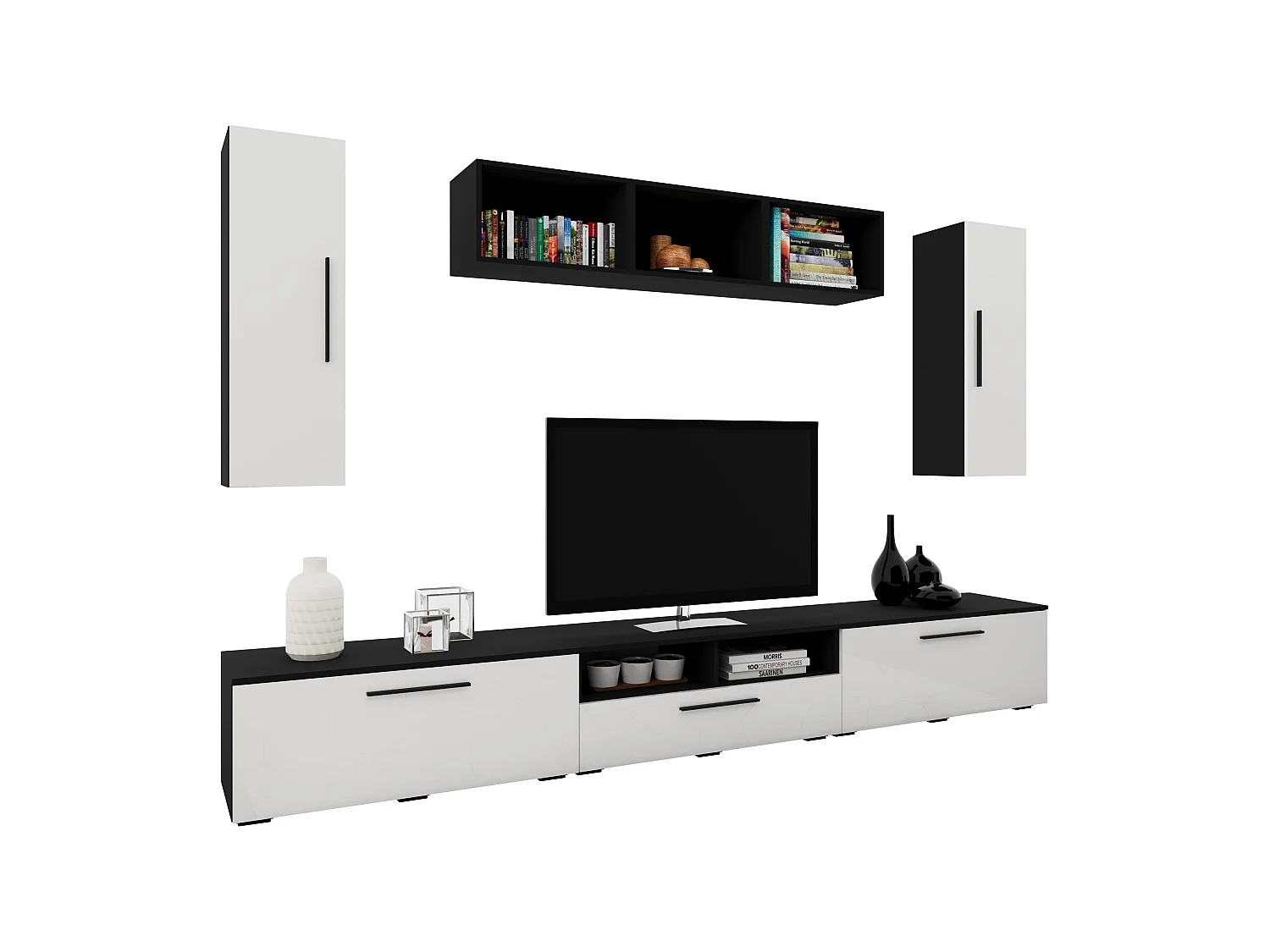 Set 8 pièces living haaus Kos V 2, meubles TV, armoires suspendues, étagères, Noir/Blanc Brillant, MDF, L 285 cm