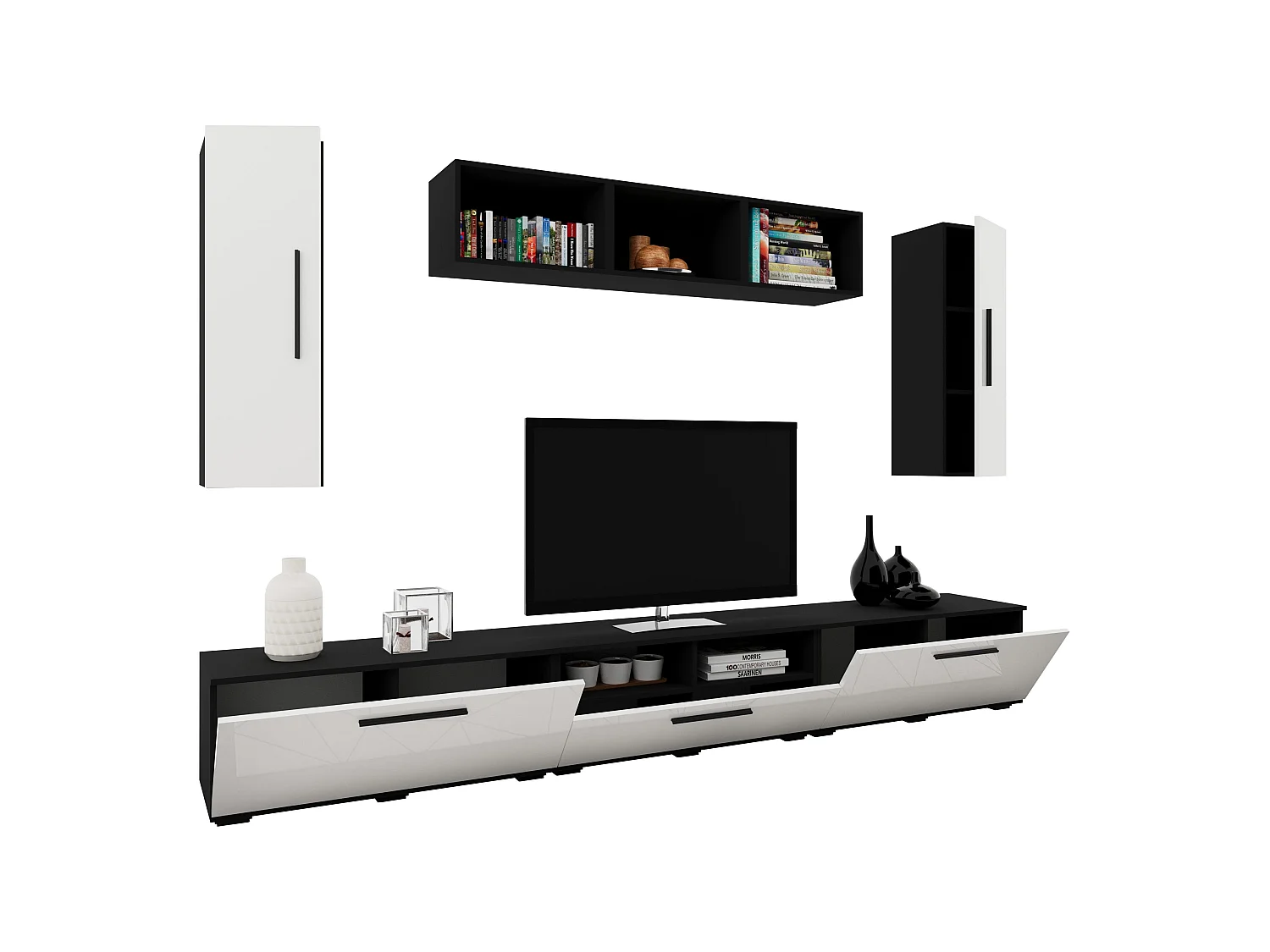 Set 8 pièces living haaus Kos V 2, meubles TV, armoires suspendues, étagères, Noir/Blanc Brillant, MDF, L 285 cm