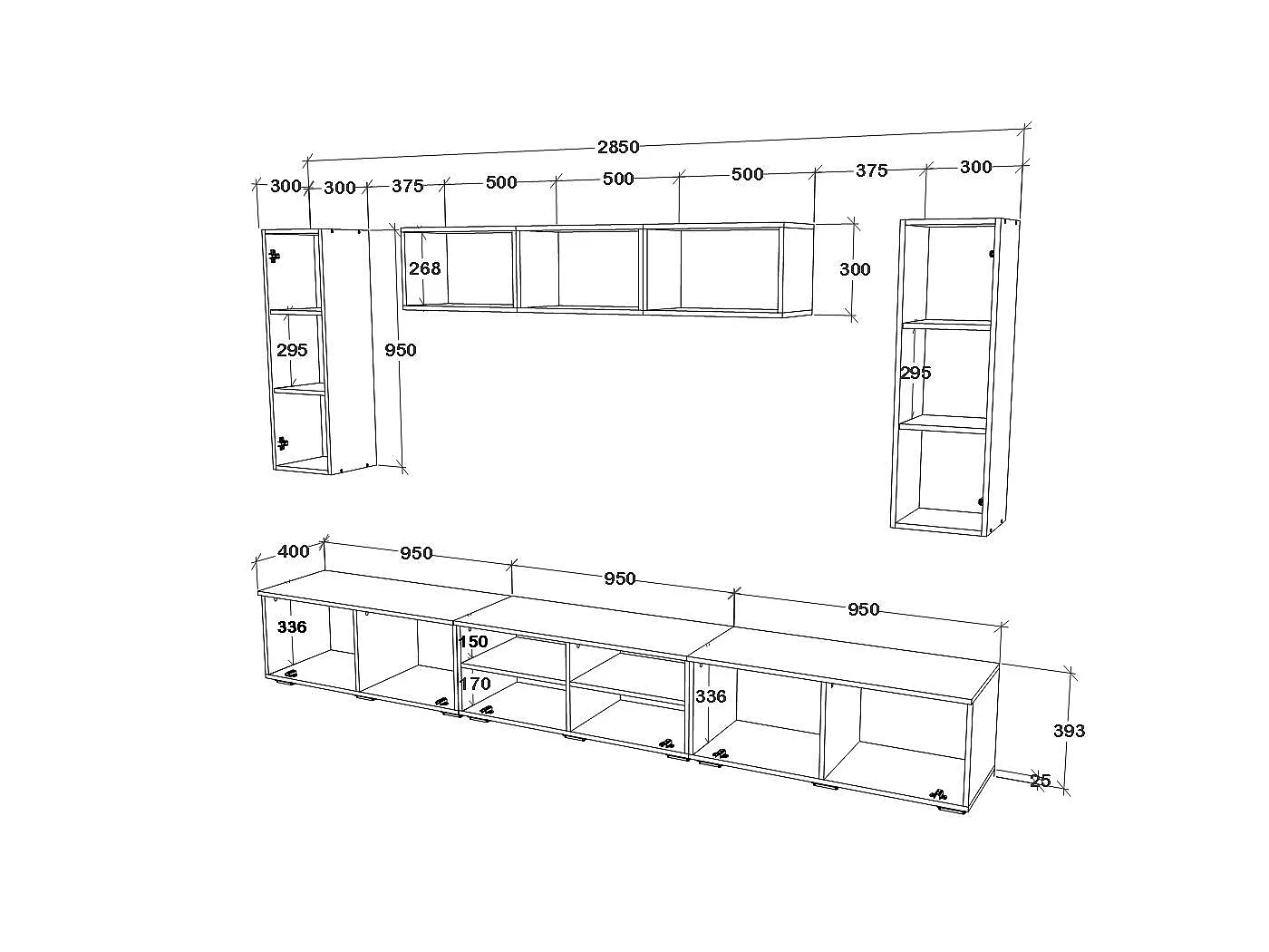 Set 8 pièces living haaus Kos V 2, meubles TV, armoires suspendues, étagères, Noir/Blanc Brillant, MDF, L 285 cm