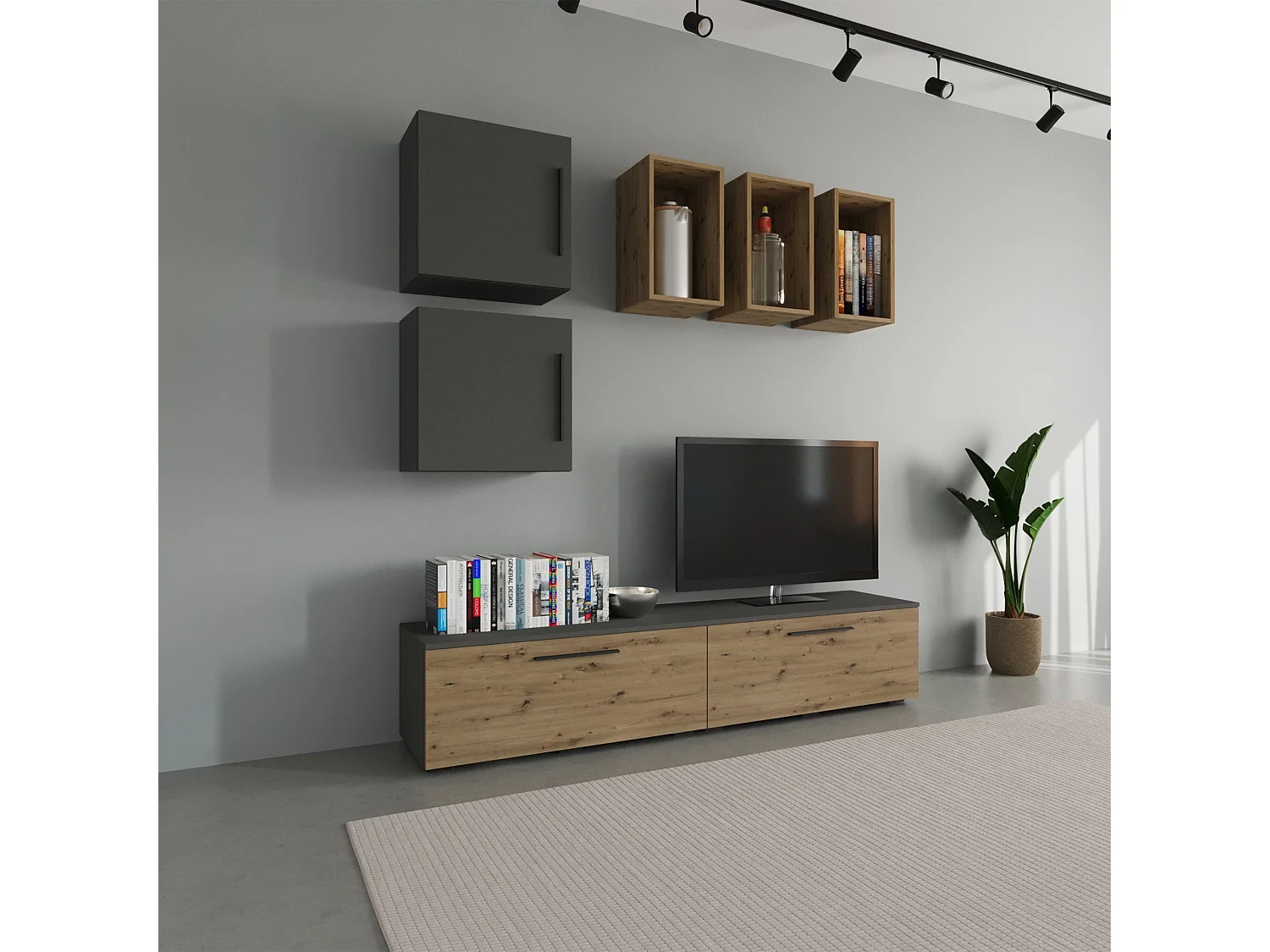 Ensemble salon haaus Kos V 8, 7 pièces, meubles TV, étagères, étagères avec portes, Anthracite/Chêne Artisan, L 190 cm