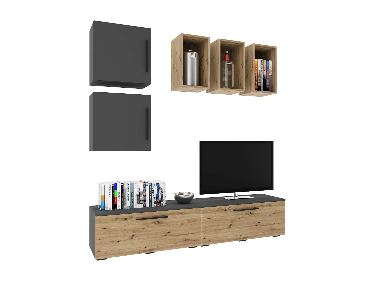 Ensemble salon haaus Kos V 8, 7 pièces, meubles TV, étagères, étagères avec portes, Anthracite/Chêne Artisan, L 190 cm