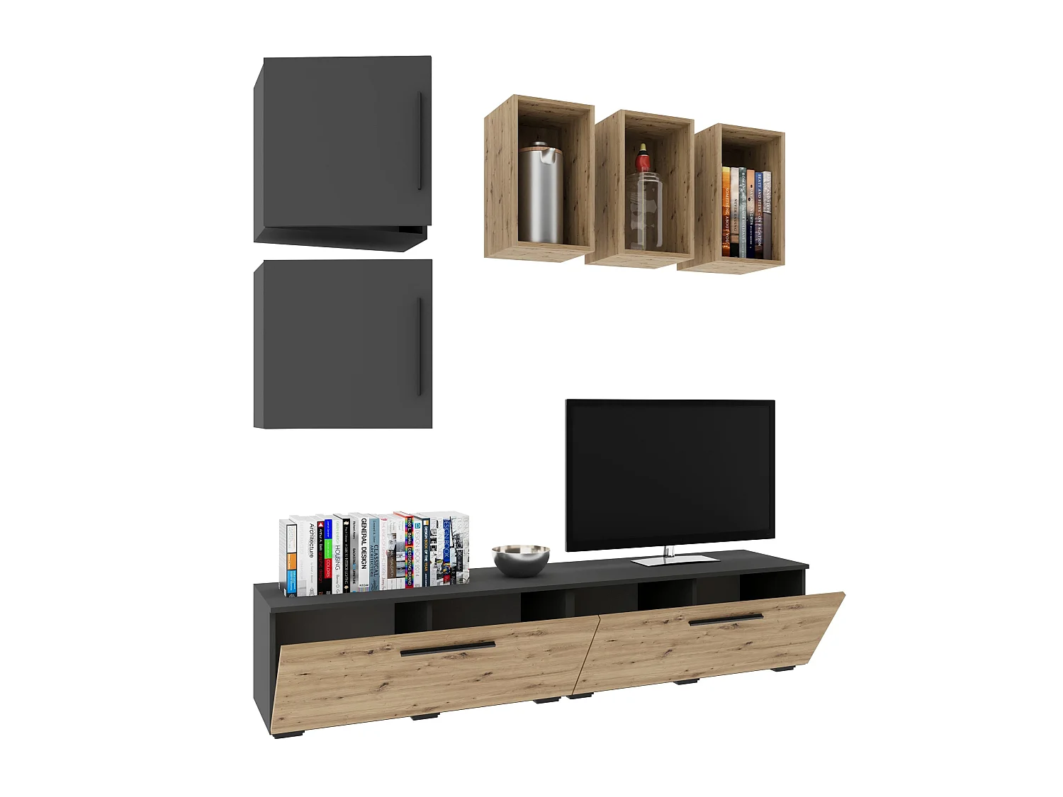 Ensemble salon haaus Kos V 8, 7 pièces, meubles TV, étagères, étagères avec portes, Anthracite/Chêne Artisan, L 190 cm