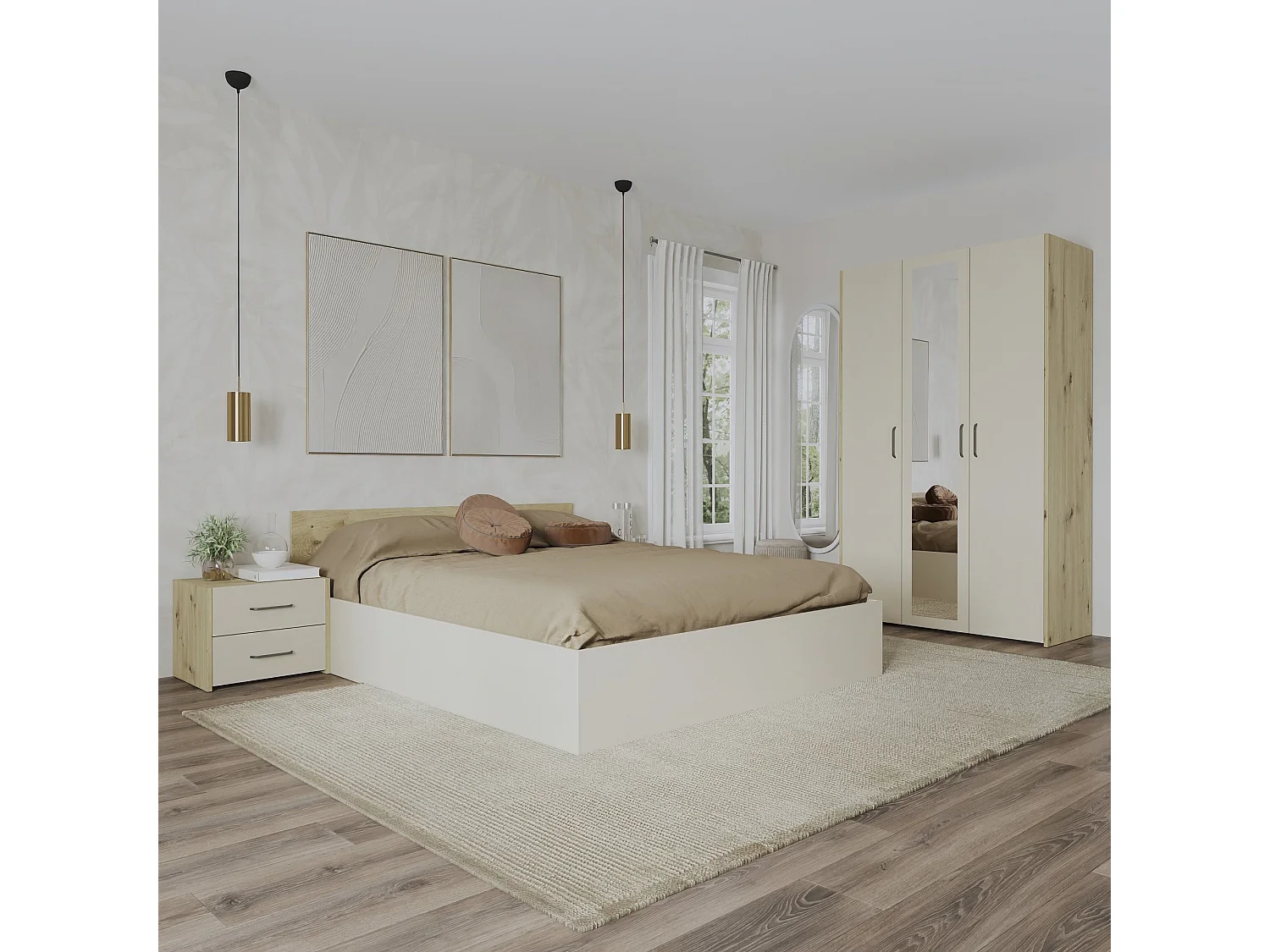 Set camera da letto haaus Malmo V3, Letto 200 x 160 cm, Rovere Artisan/Argilla