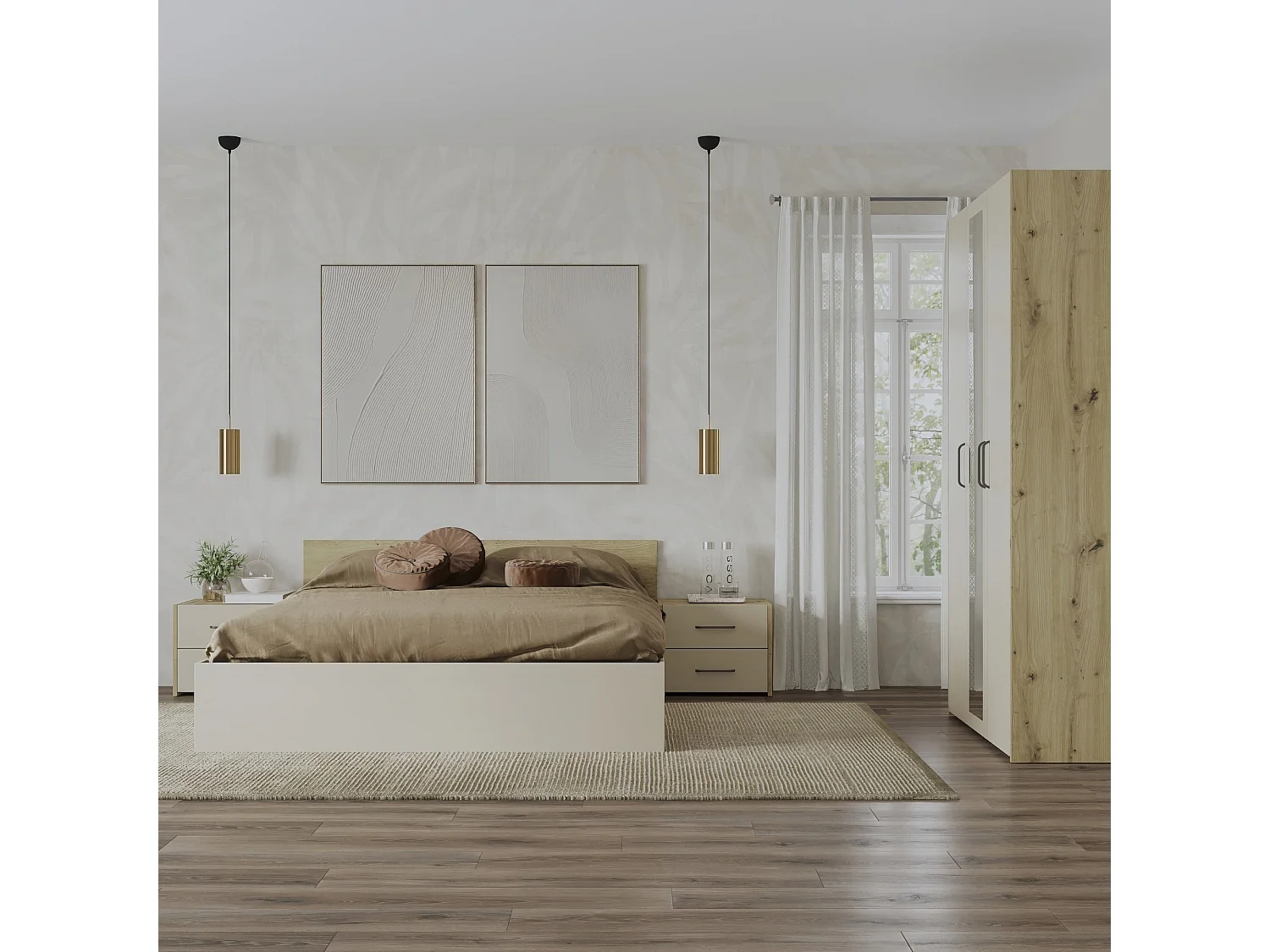 Set camera da letto haaus Malmo V3, Letto 200 x 160 cm, Rovere Artisan/Argilla