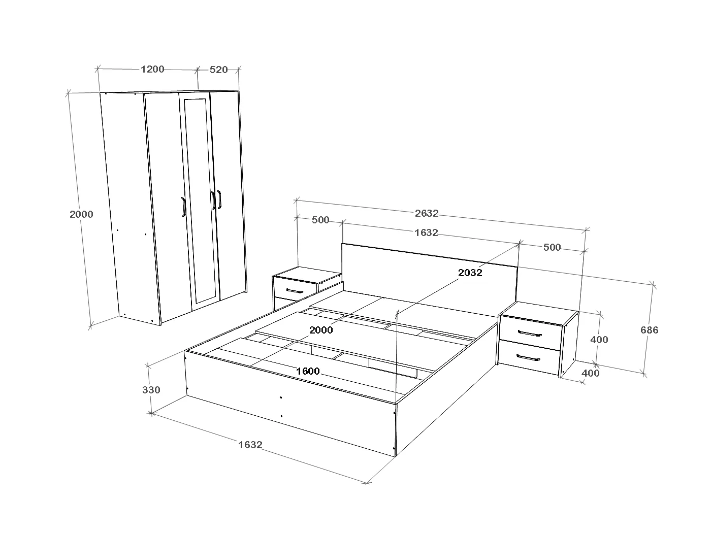 Set camera da letto haaus Malmo V3, Letto 200 x 160 cm, Rovere Artisan/Argilla
